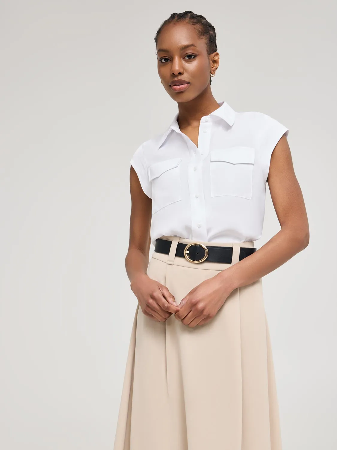 Cap Sleeve Button-Front Blouse slim shape