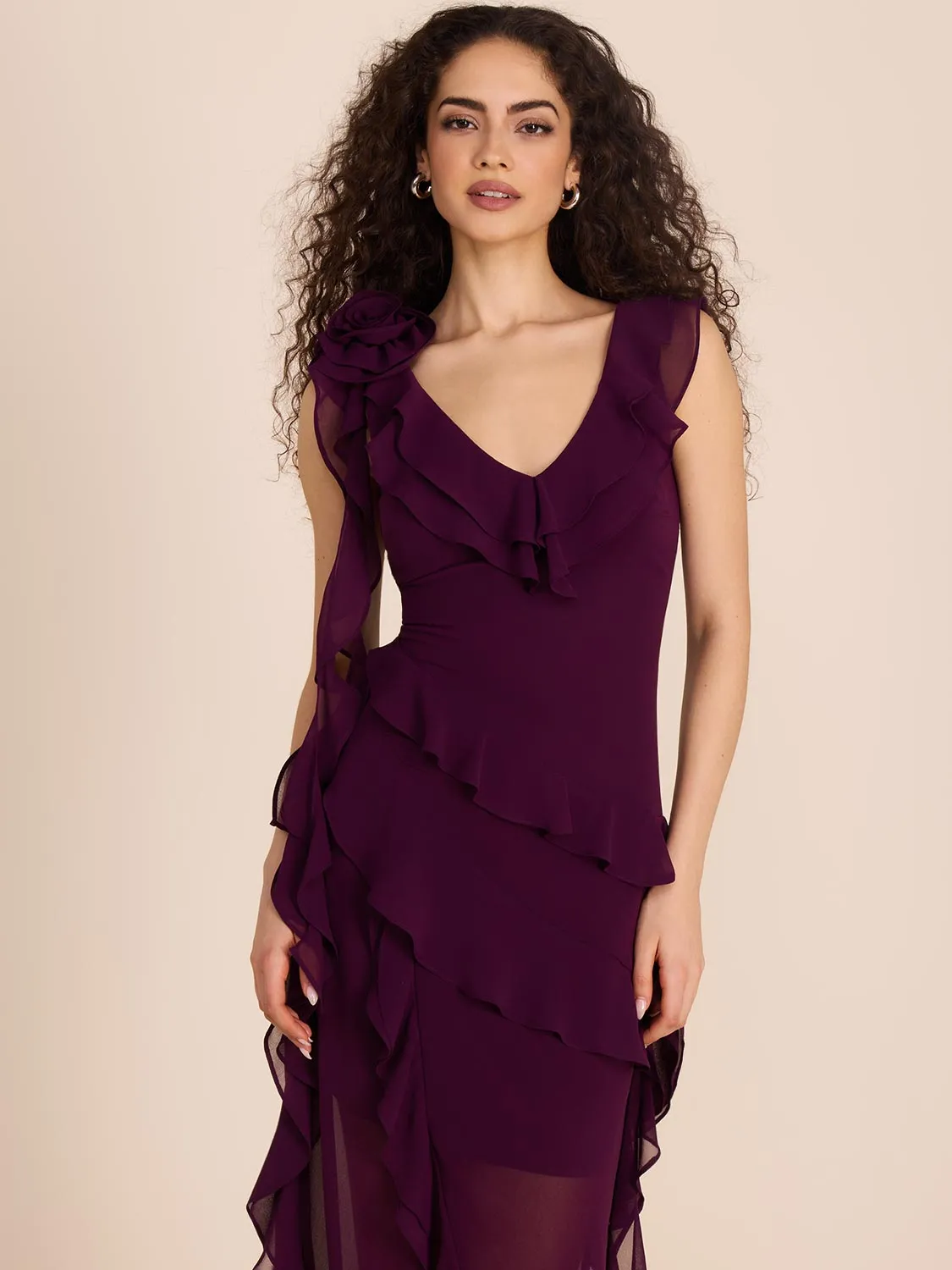 Chiffon Gown With Tiered Ruffles off-shoulder