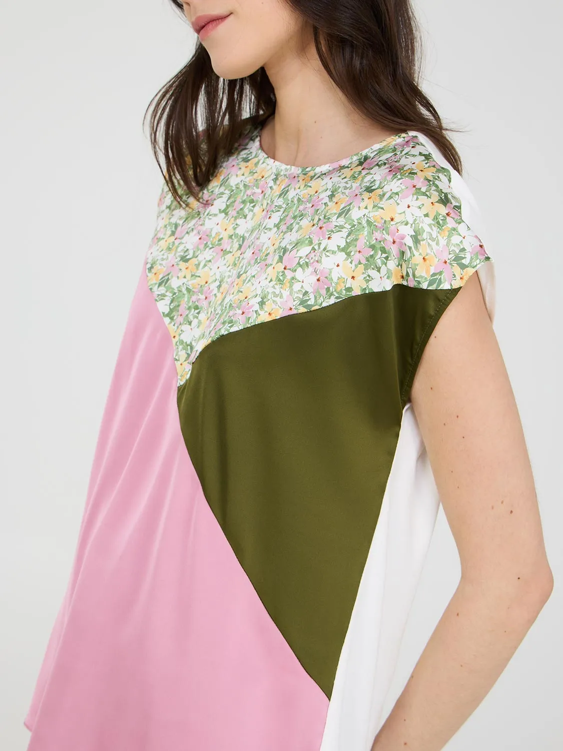 Colour Block Dolman Sleeve Satin Top Street Cool