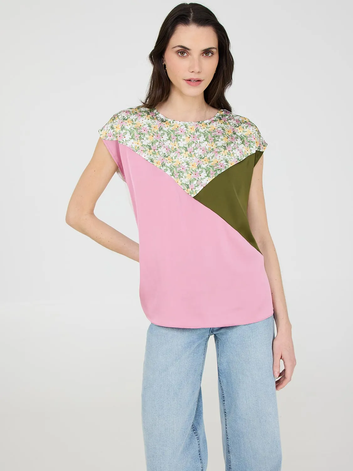 Colour Block Dolman Sleeve Satin Top Urban Uniform