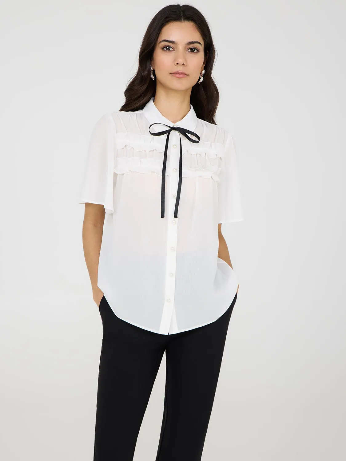 Contrast Bow Blouse With Flutter Sleeves Live Bright