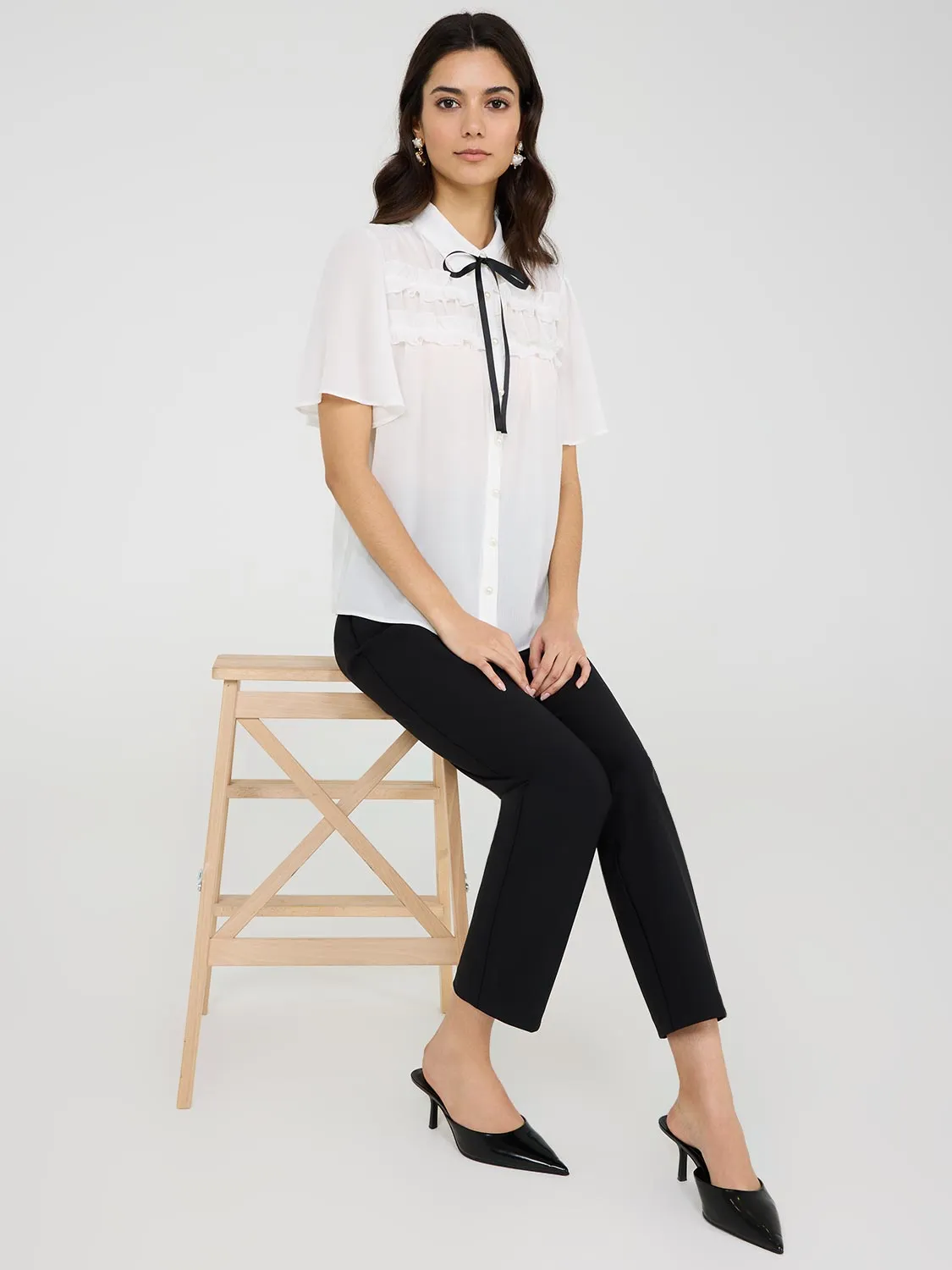Contrast Bow Blouse With Flutter Sleeves Daily Wear