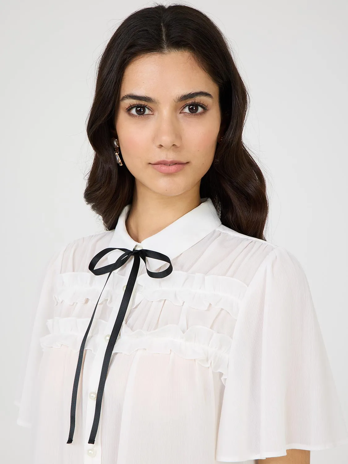 Contrast Bow Blouse With Flutter Sleeves Light Layers