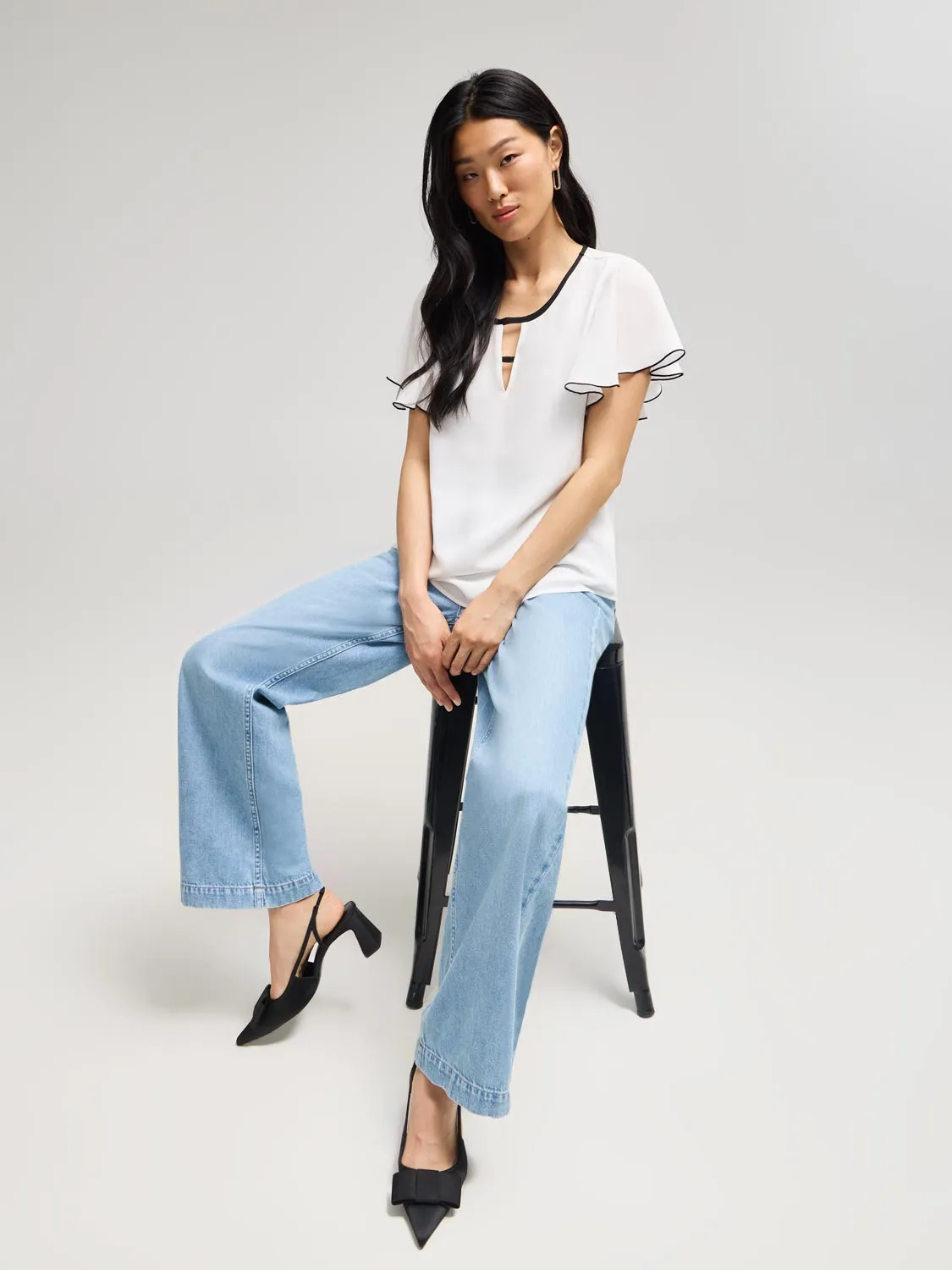 Contrast Piping Chiffon Top With Front Keyhole Pop Culture