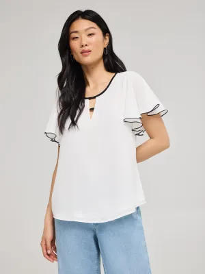 Contrast Piping Chiffon Top With Front Keyhole Work Ready