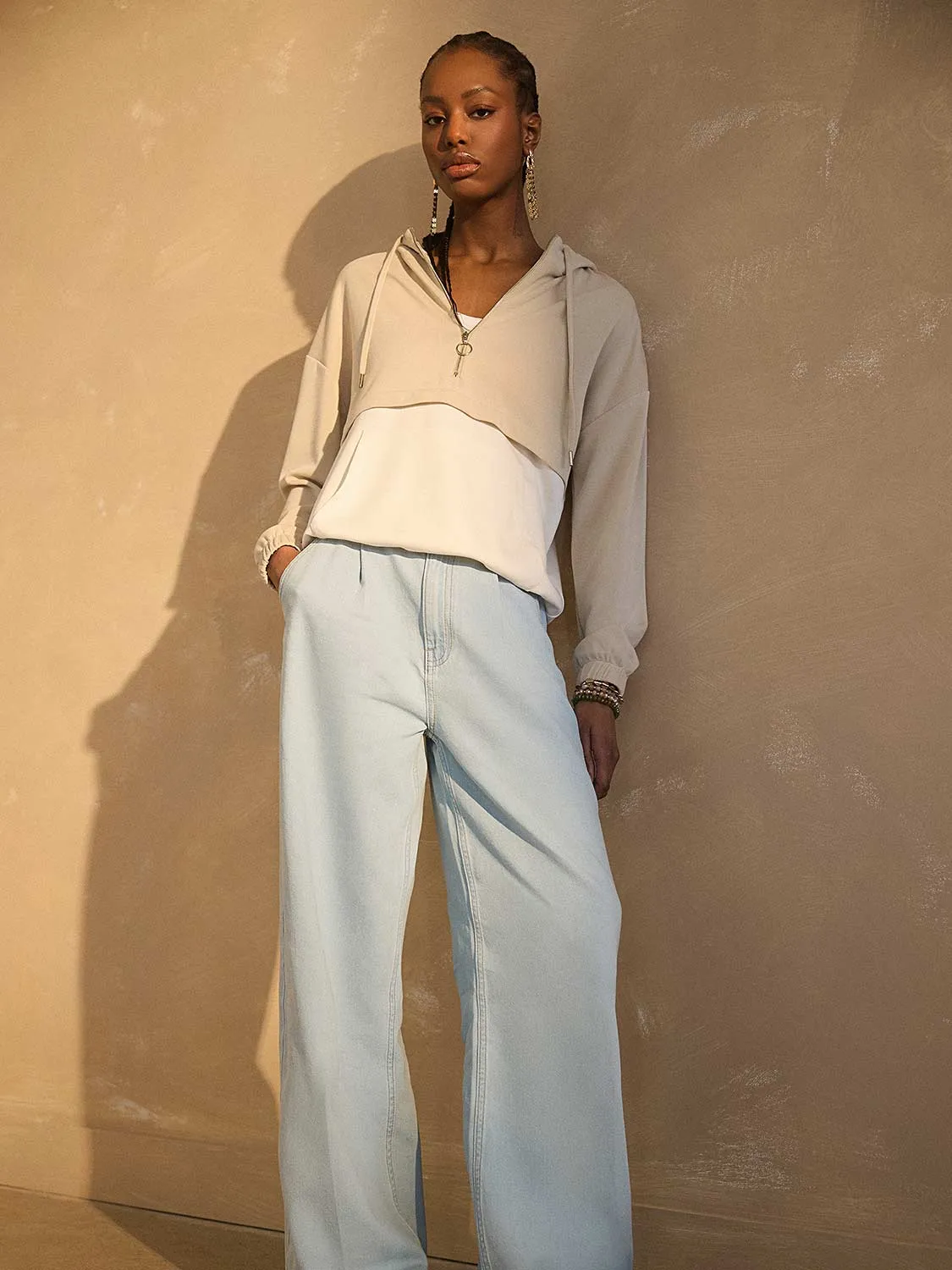 Cotton Front Pleat Wide-Leg Jeans free spirit