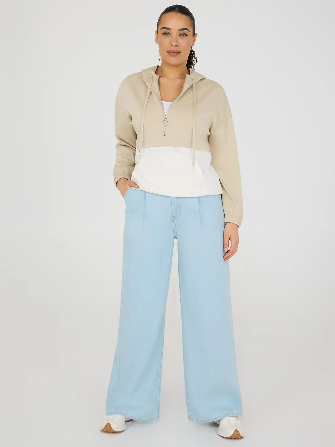 Cotton Front Pleat Wide-Leg Jeans slim fit