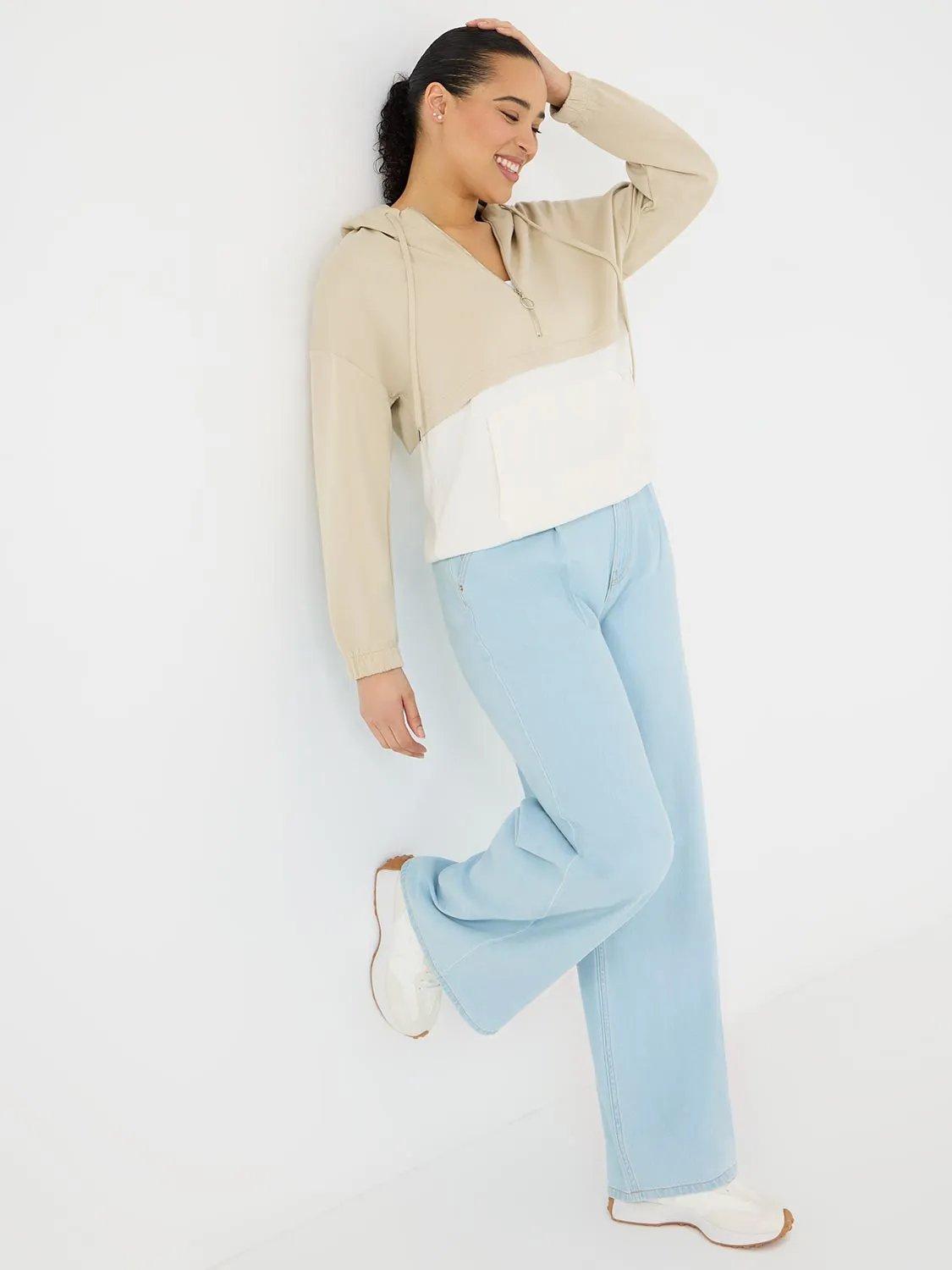 Cotton Front Pleat Wide-Leg Jeans simple ease