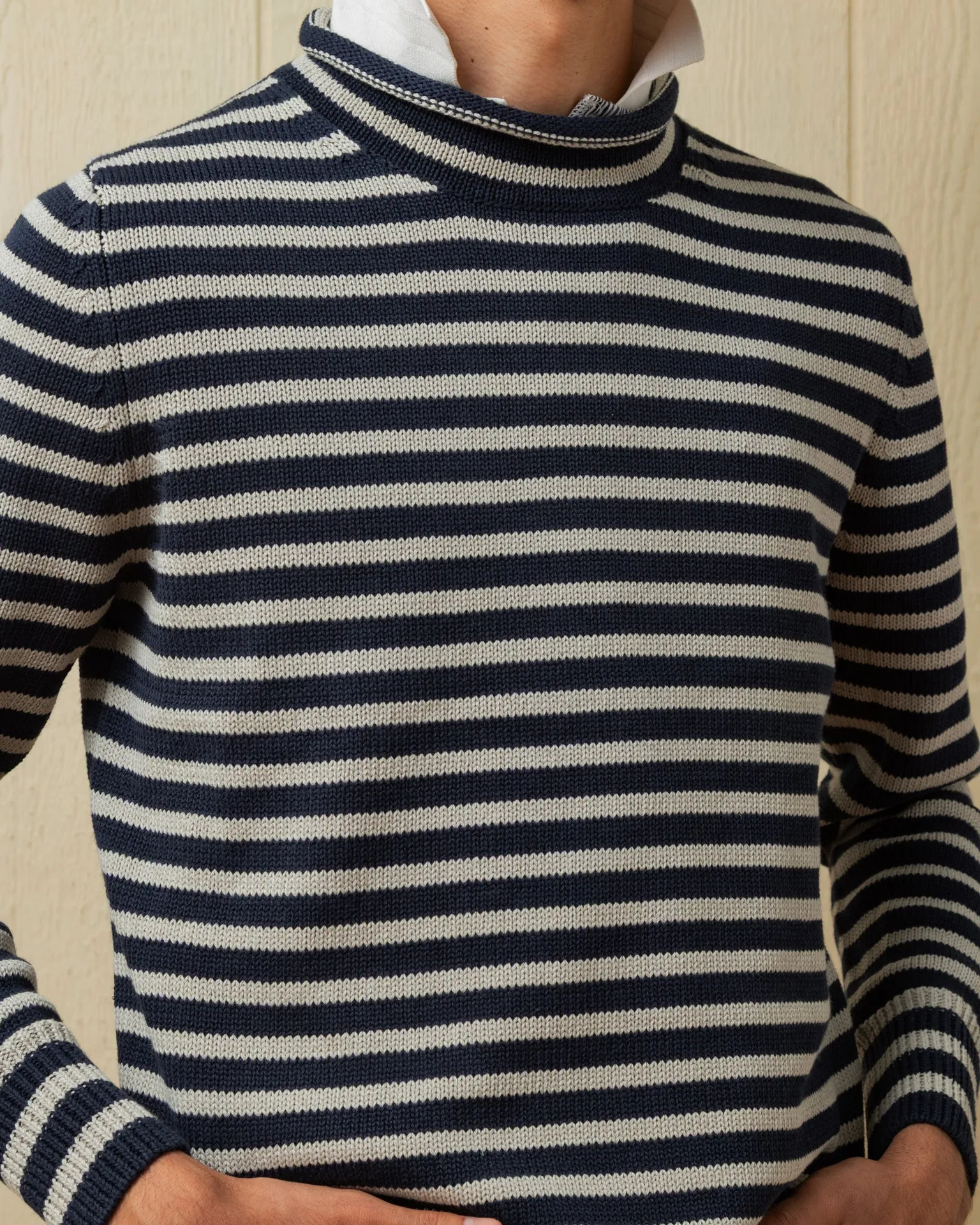 Cotton/Linen Fisherman's Sweater in Navy/Grey Even Stripe lifestyle wear