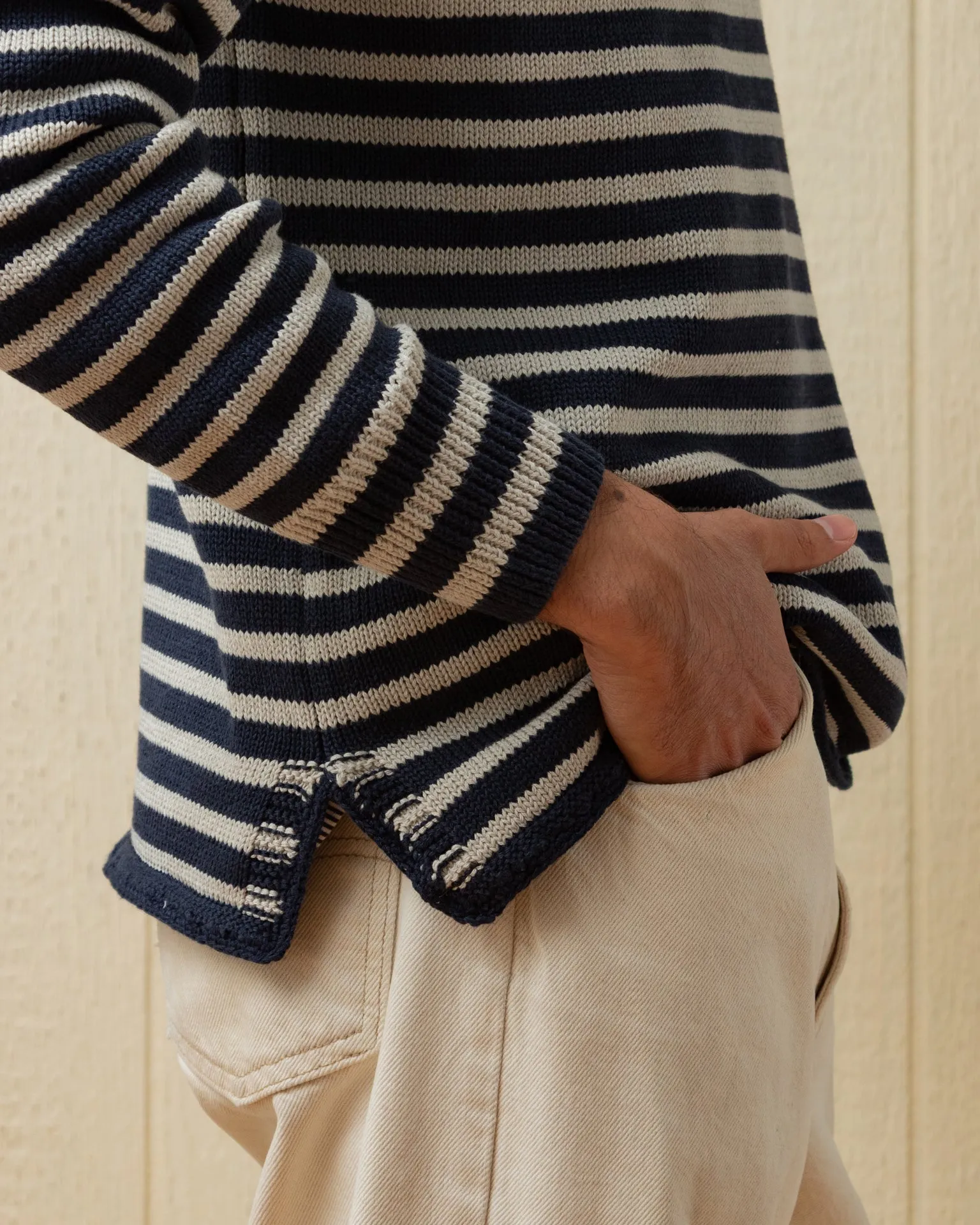 Cotton/Linen Fisherman's Sweater in Navy/Grey Even Stripe fresh layer