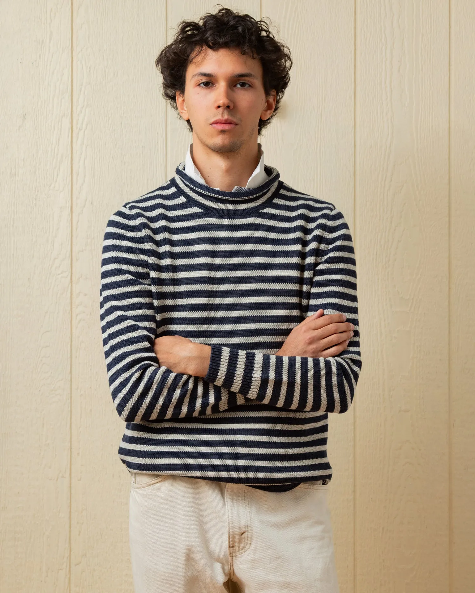Cotton/Linen Fisherman's Sweater in Navy/Grey Even Stripe fashion calm