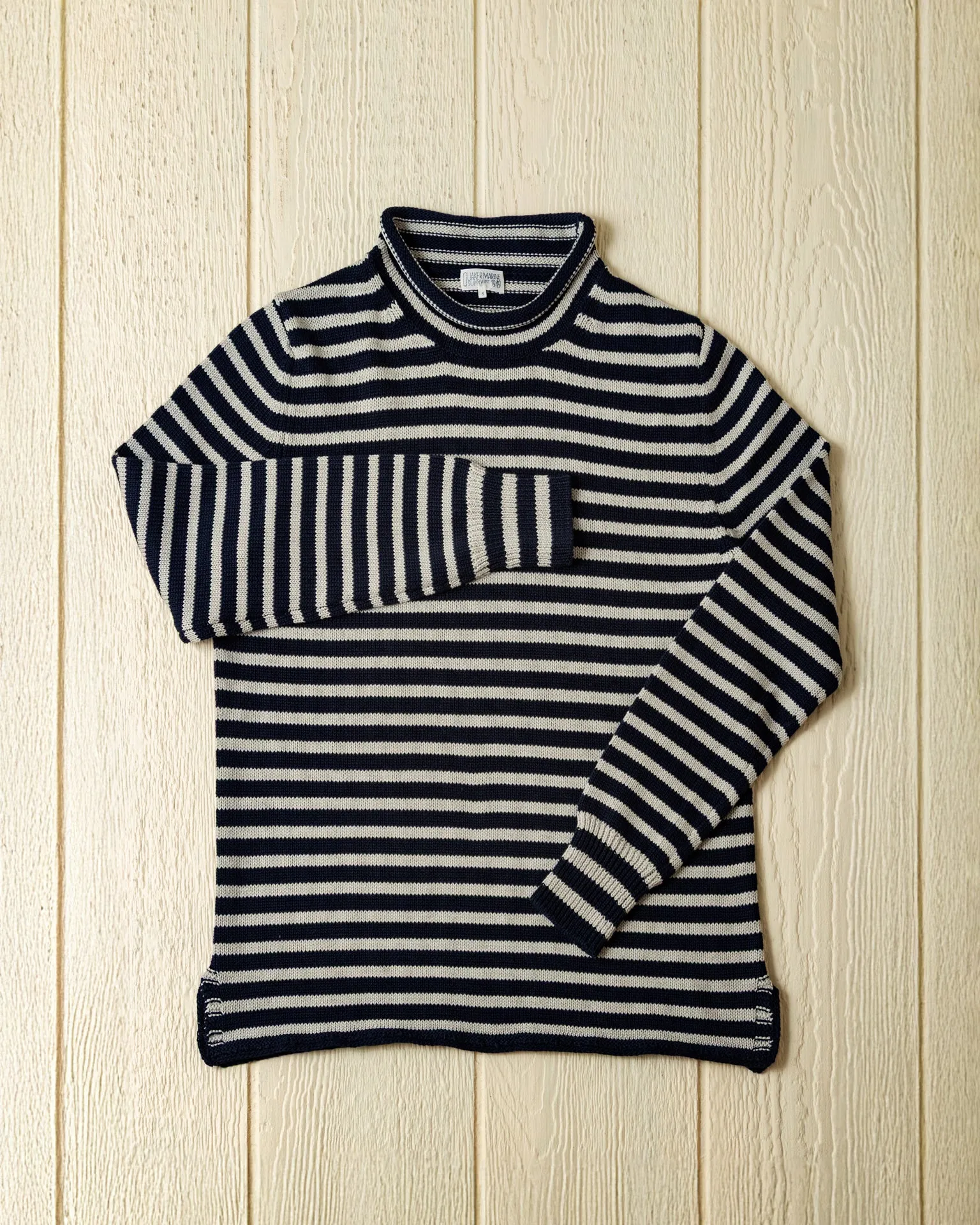 Cotton/Linen Fisherman's Sweater in Navy/Grey Even Stripe fall breeze