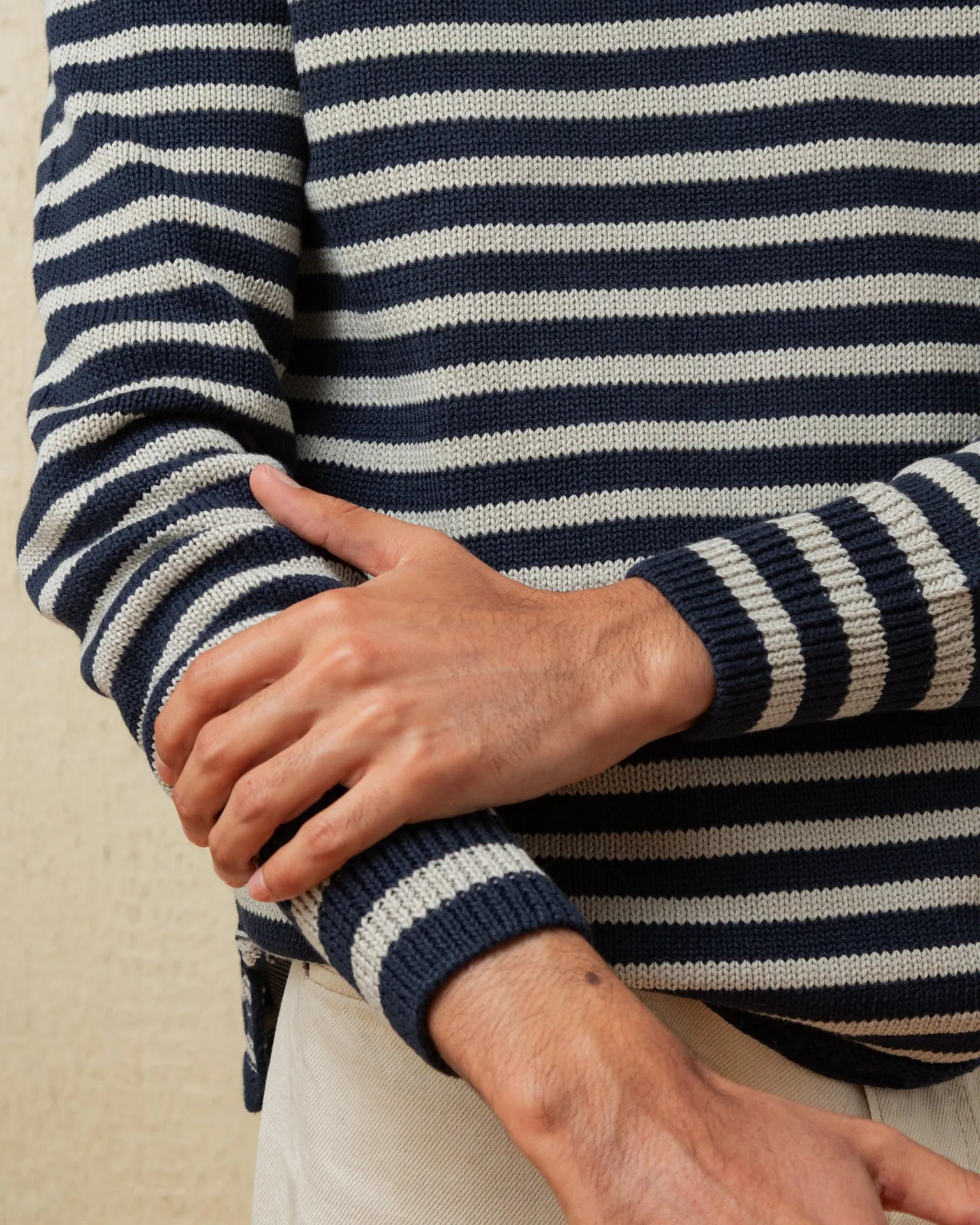 Cotton/Linen Fisherman's Sweater in Navy/Grey Even Stripe home day