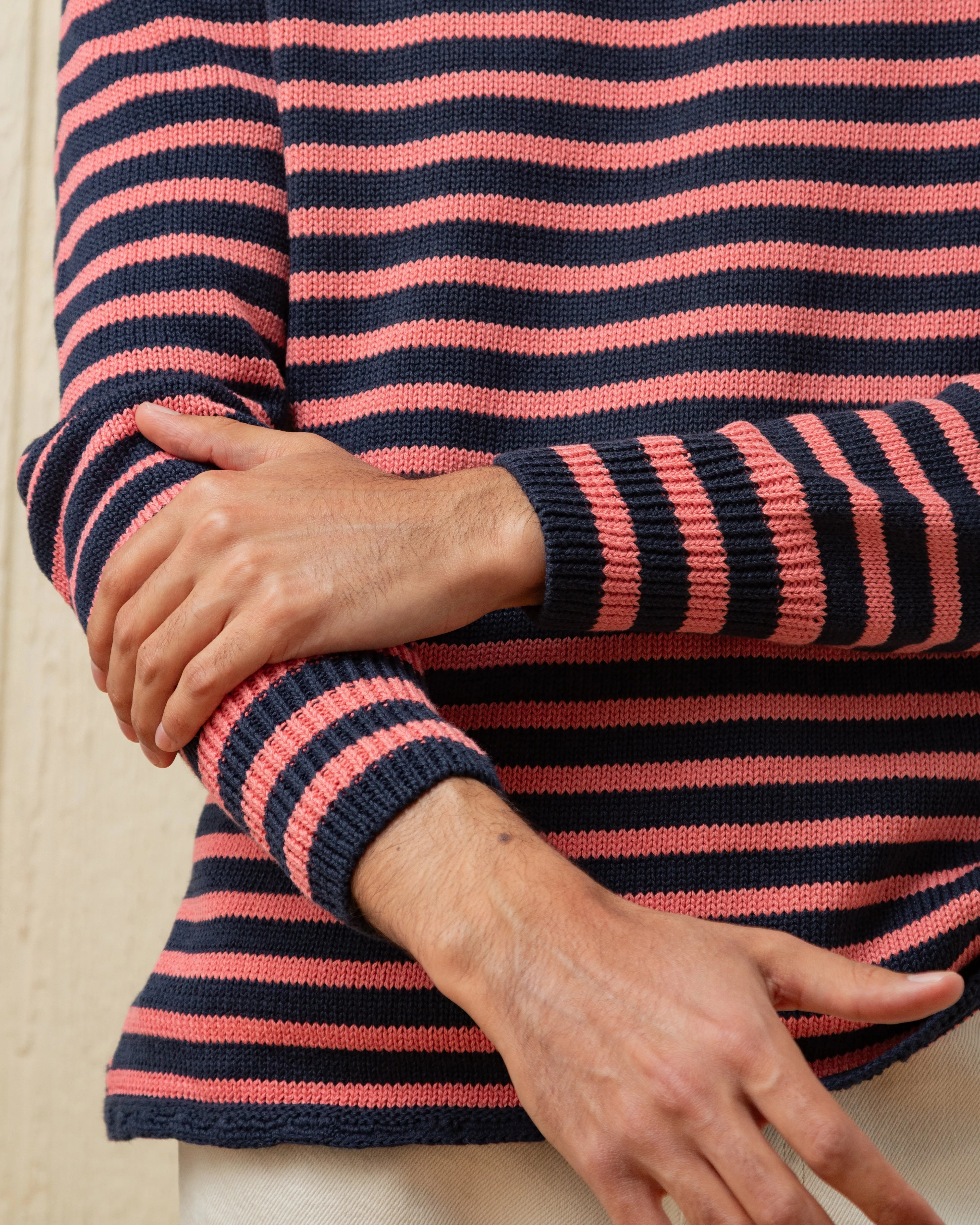 Cotton/Linen Fisherman's Sweater in Navy/Nautical Red Even Stripe late autumn
