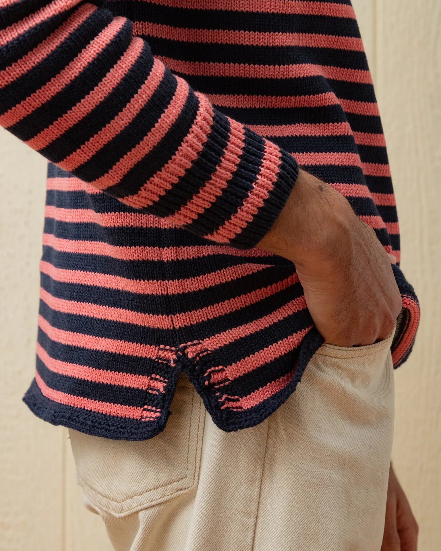 Cotton/Linen Fisherman's Sweater in Navy/Nautical Red Even Stripe active casual