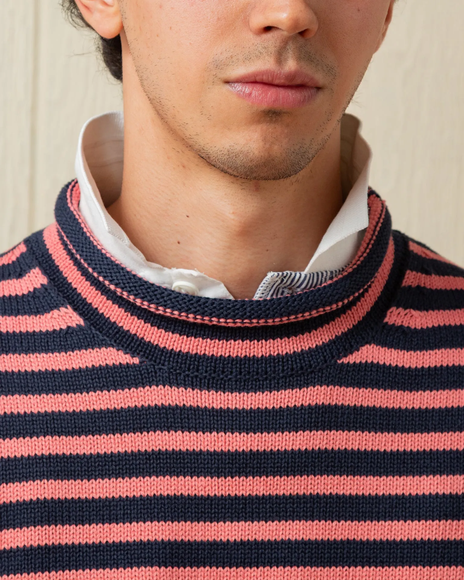 Cotton/Linen Fisherman's Sweater in Navy/Nautical Red Even Stripe travel layer