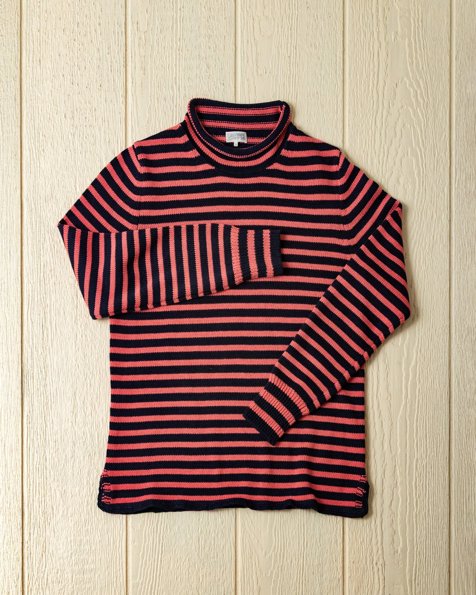 Cotton/Linen Fisherman's Sweater in Navy/Nautical Red Even Stripe texture base