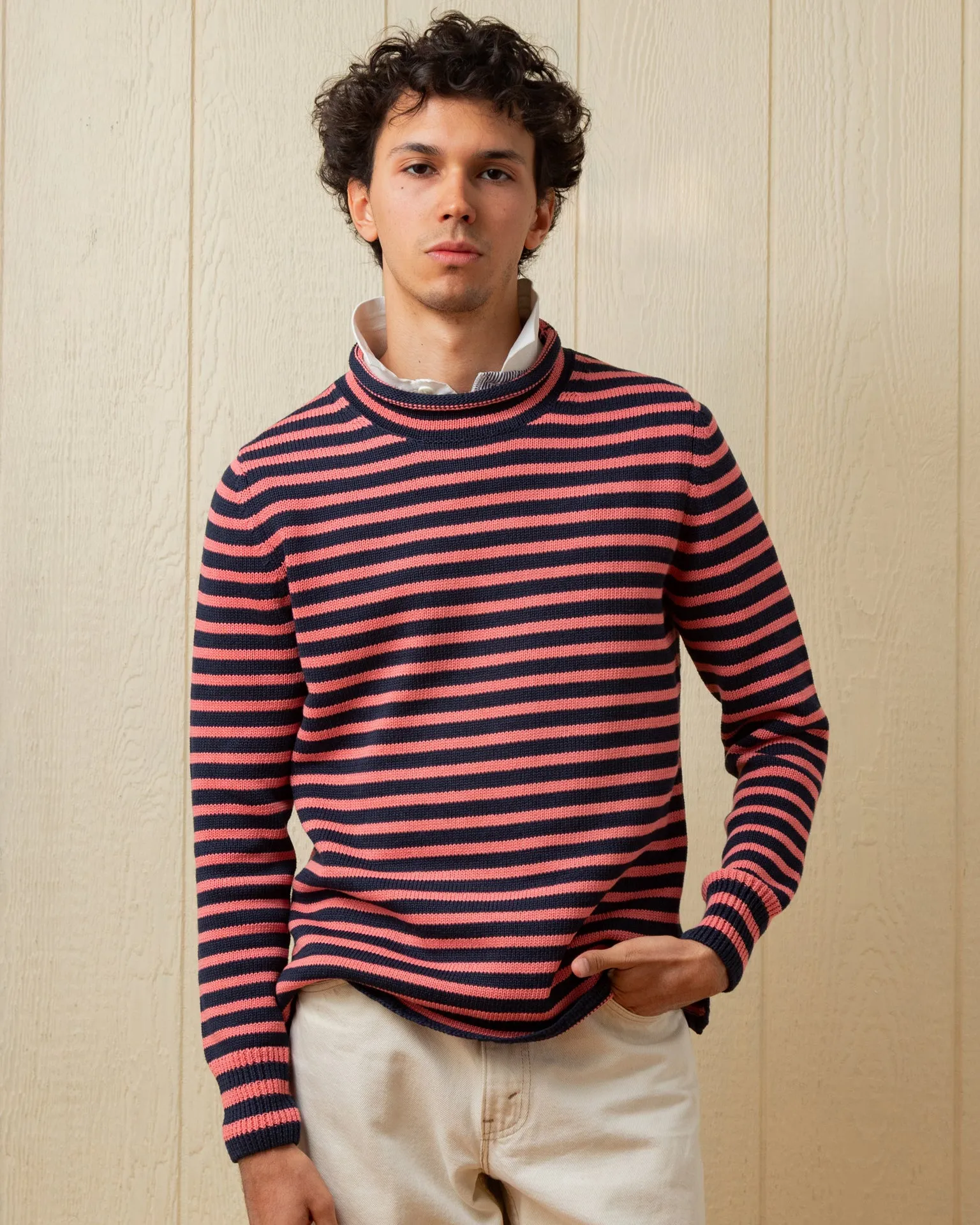 Cotton/Linen Fisherman's Sweater in Navy/Nautical Red Even Stripe light comfort