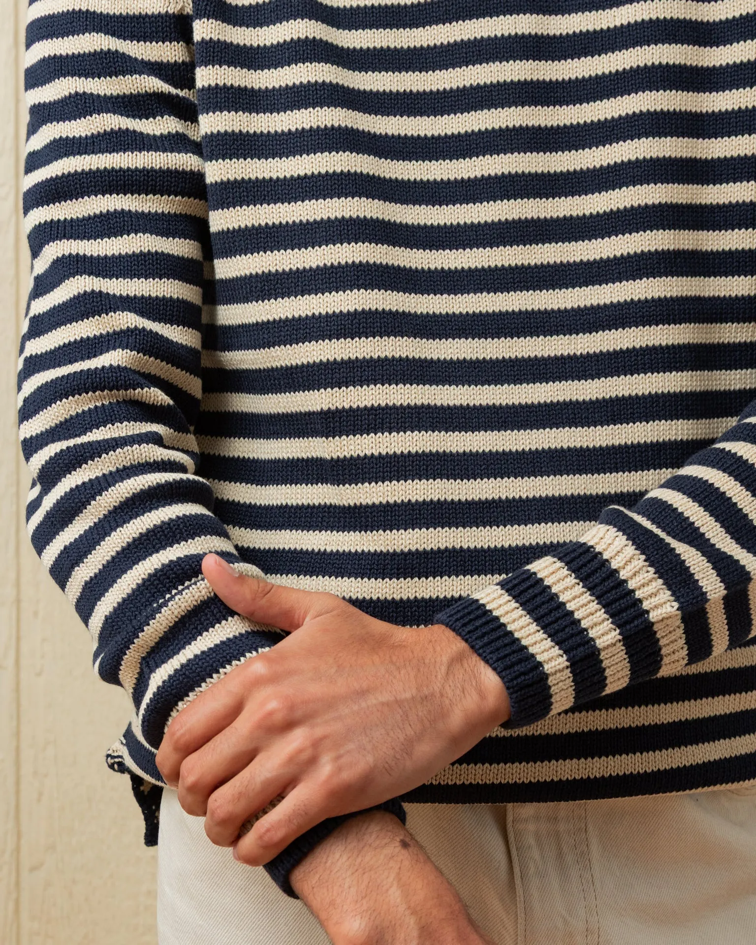 Cotton/Linen Fisherman's Sweater in Navy/Sand Even Stripe urban style