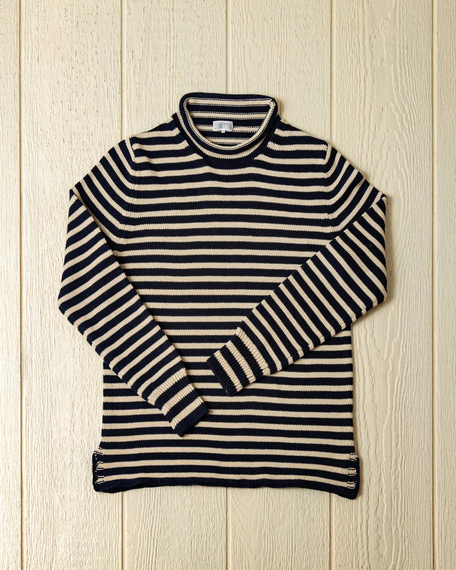 Cotton/Linen Fisherman's Sweater in Navy/Sand Even Stripe quick outfit