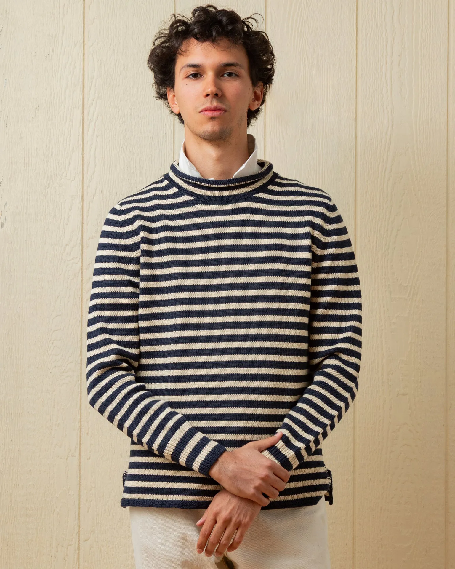 Cotton/Linen Fisherman's Sweater in Navy/Sand Even Stripe chill base