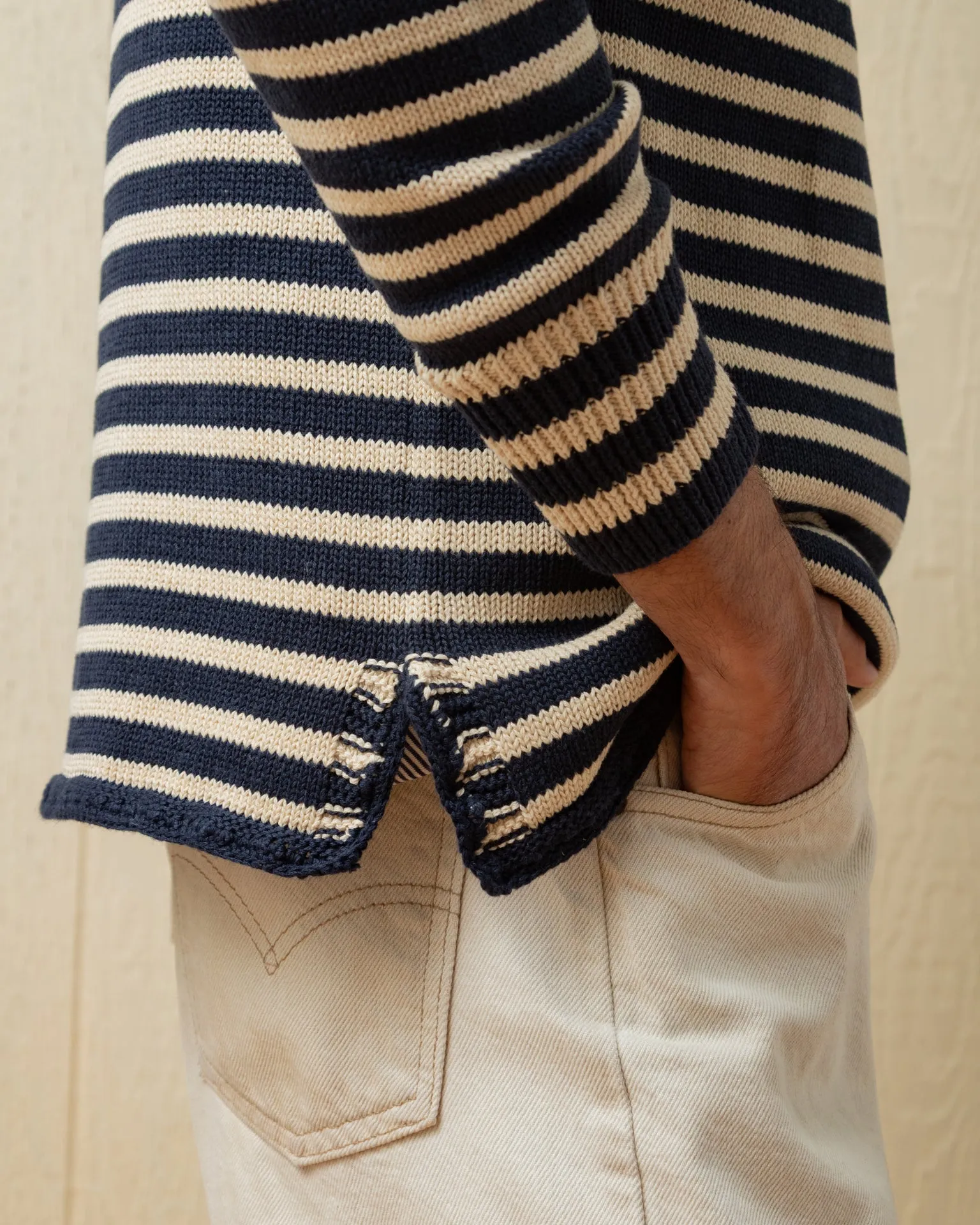 Cotton/Linen Fisherman's Sweater in Navy/Sand Even Stripe smart casual