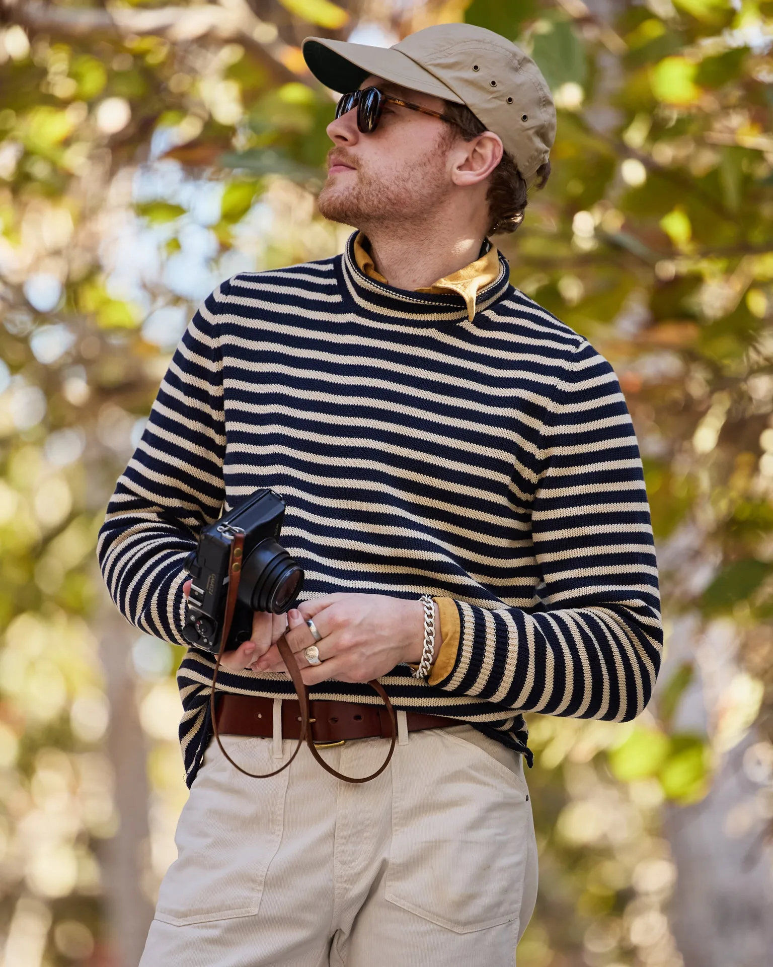 Cotton/Linen Fisherman's Sweater in Navy/Sand Even Stripe effortless fit