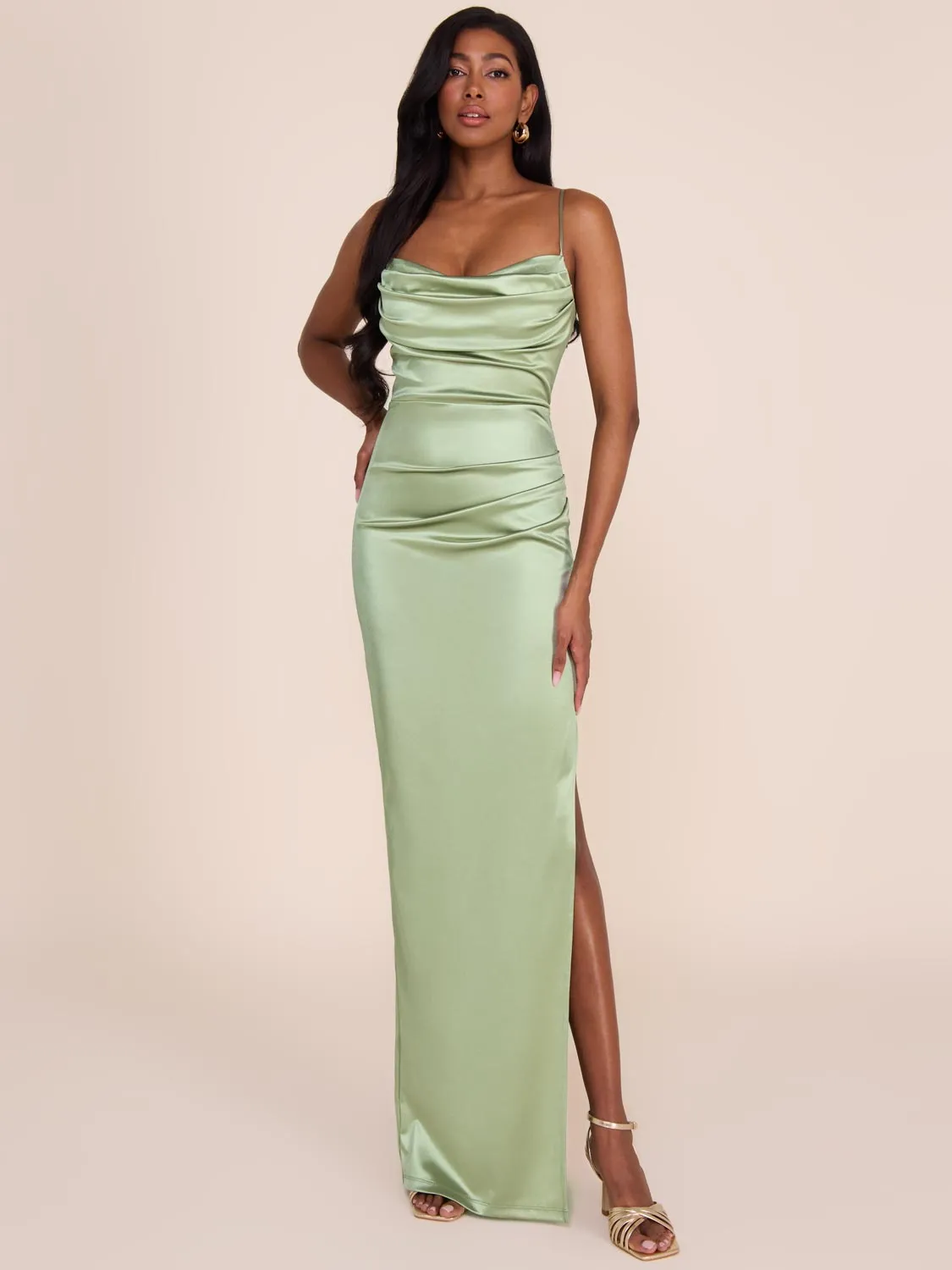 Cowl Neck Fitted Satin Gown artistic touch