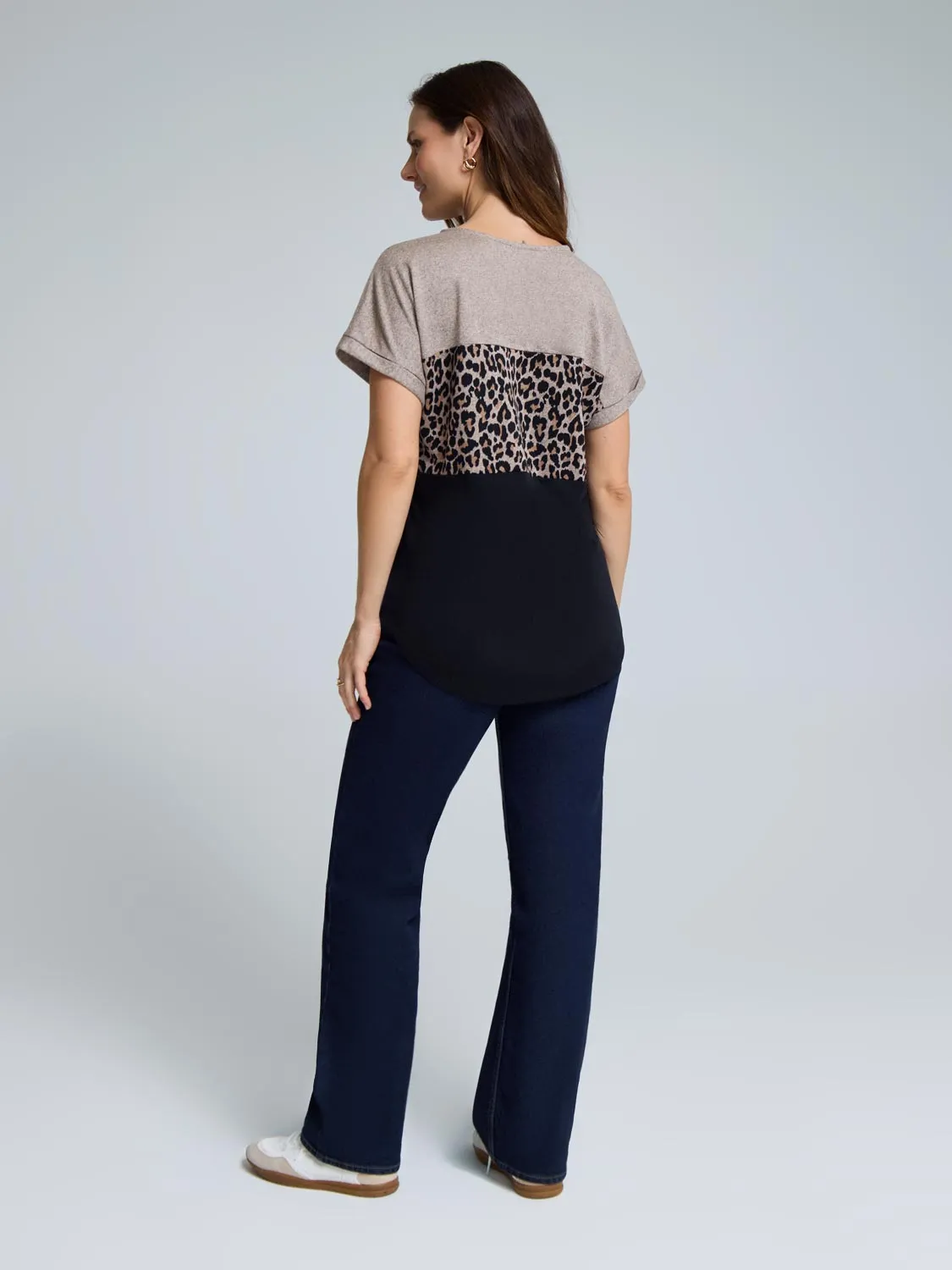 Cuffed Sleeve Animal Print Top Universal Fit