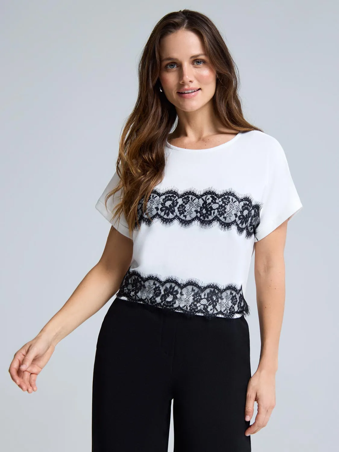 Cuffed Sleeve Lace Appliqu Top Easy Outfit