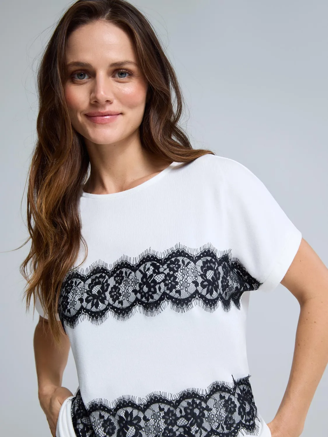 Cuffed Sleeve Lace Appliqu Top Airy Feel