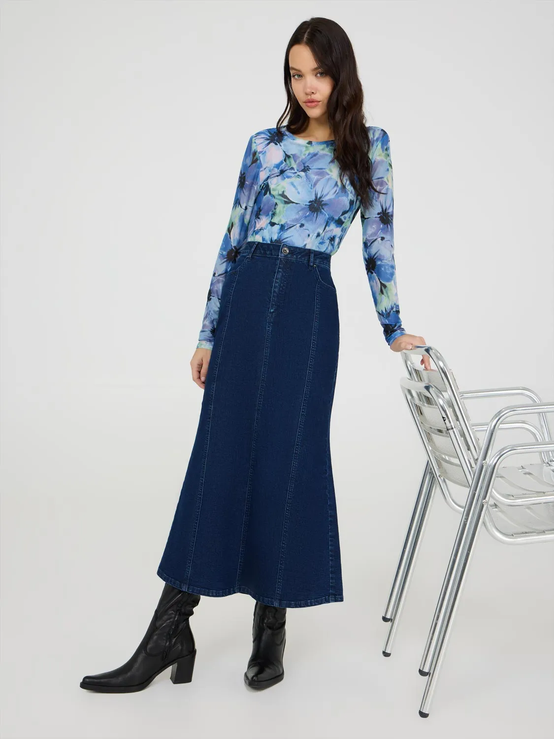 Denim Godet Maxi Skirt trend front