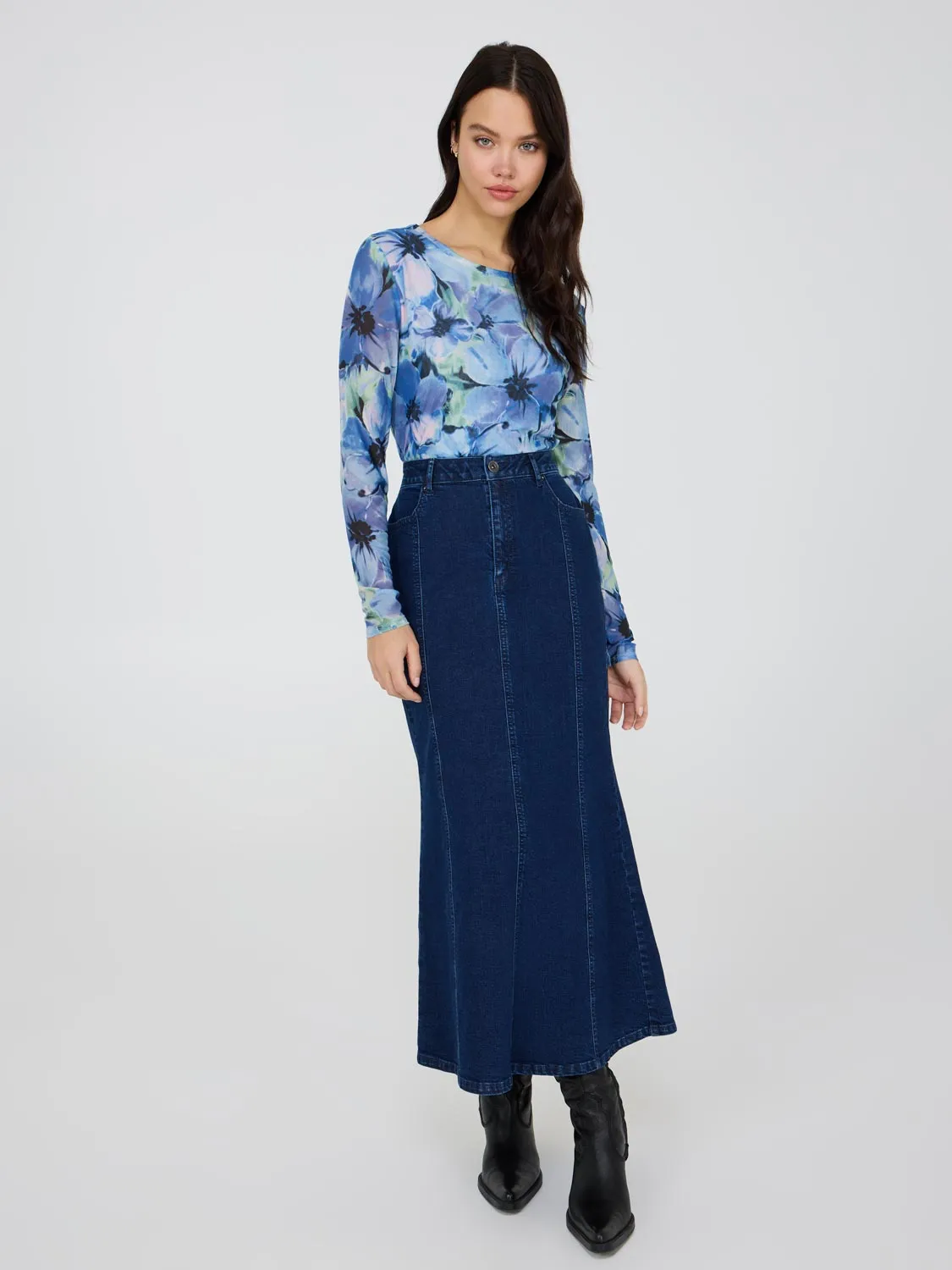 Denim Godet Maxi Skirt simple design