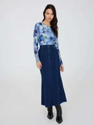Denim Godet Maxi Skirt simple design