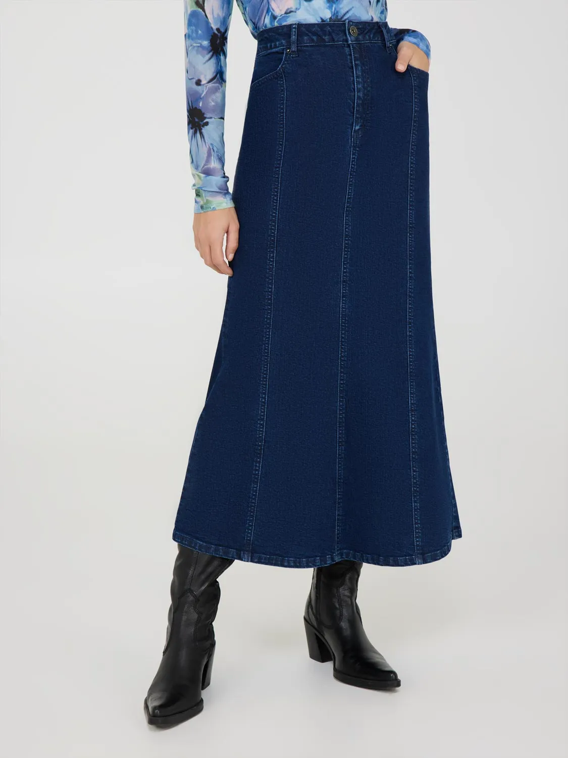 Denim Godet Maxi Skirt multi-style