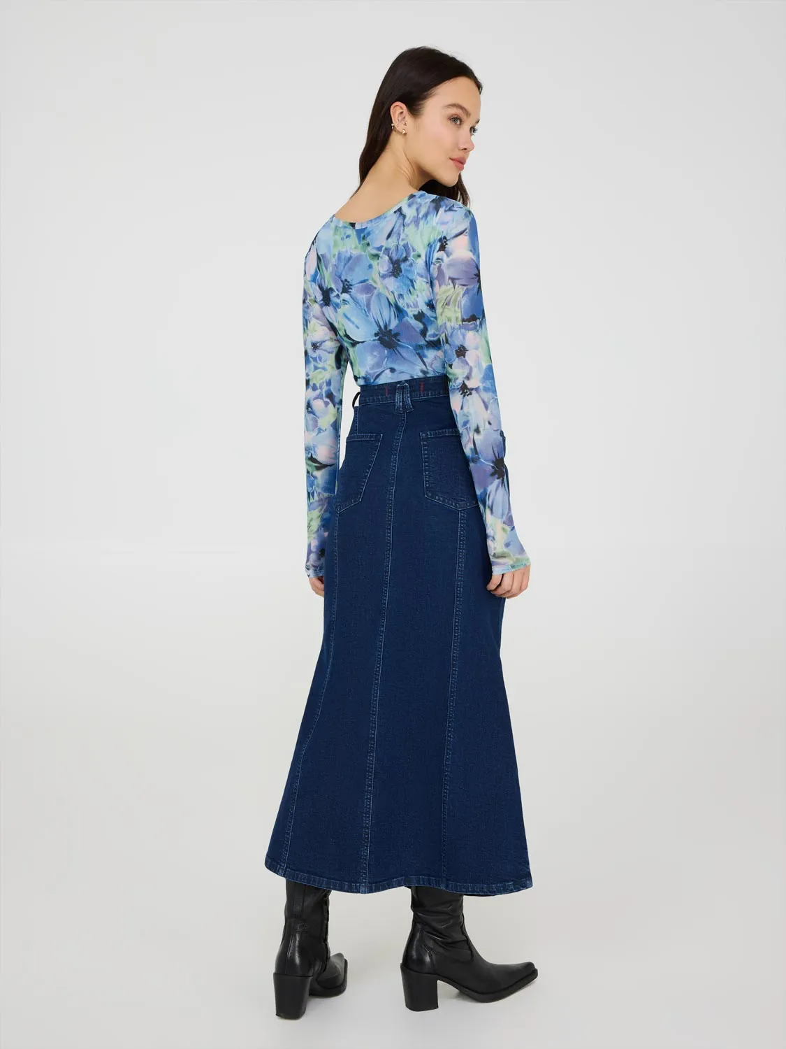 Denim Godet Maxi Skirt light comfort