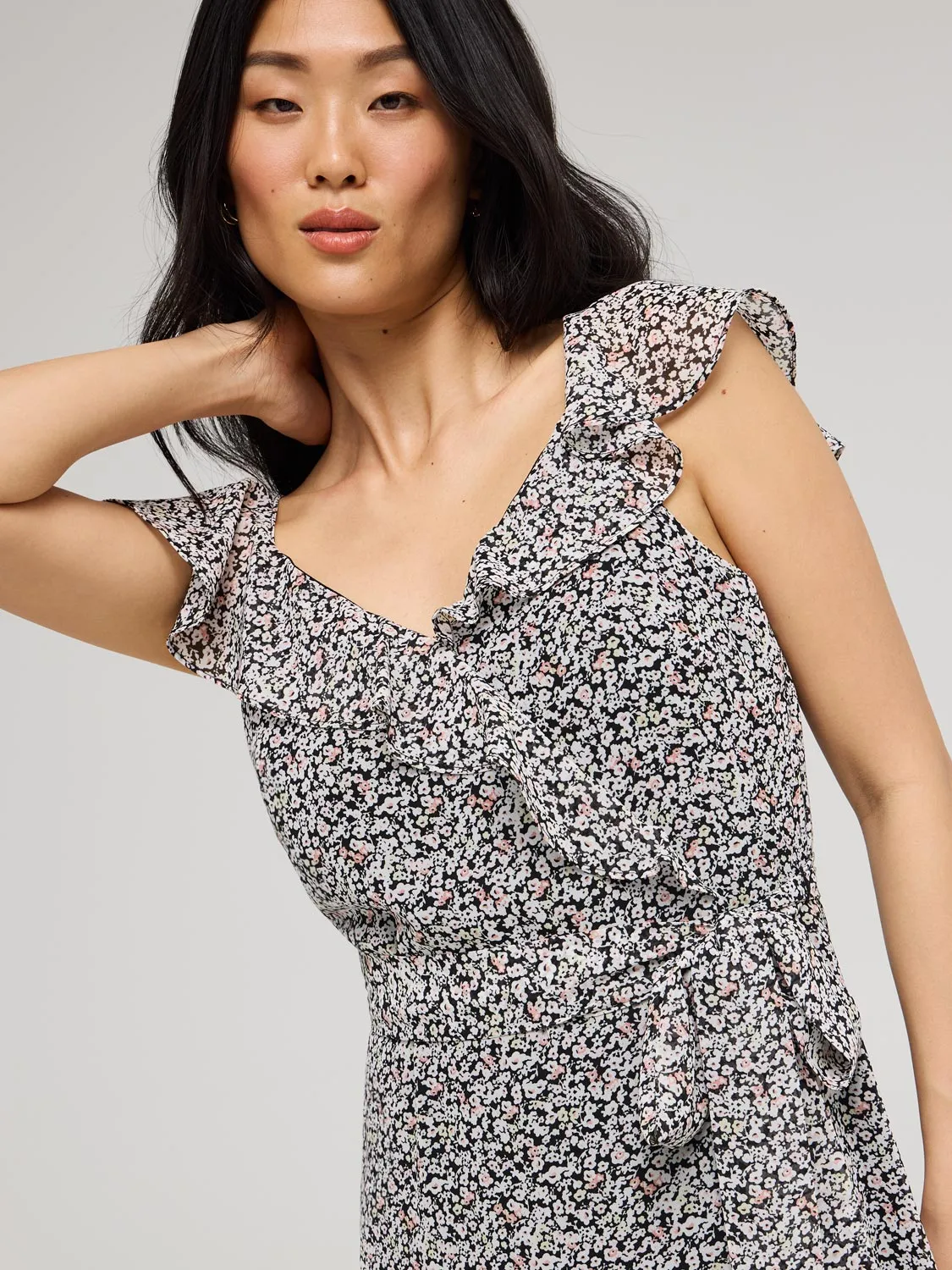 Ditsy Floral Ruffle Wrap Front Chiffon Dress beach stroll