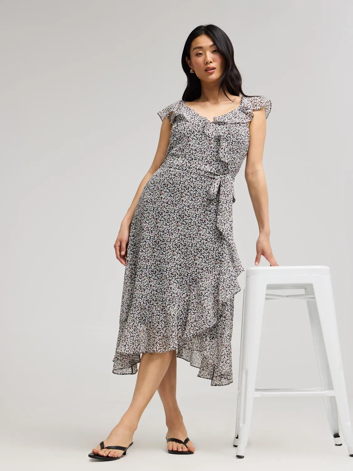 Ditsy Floral Ruffle Wrap Front Chiffon Dress sweet charm