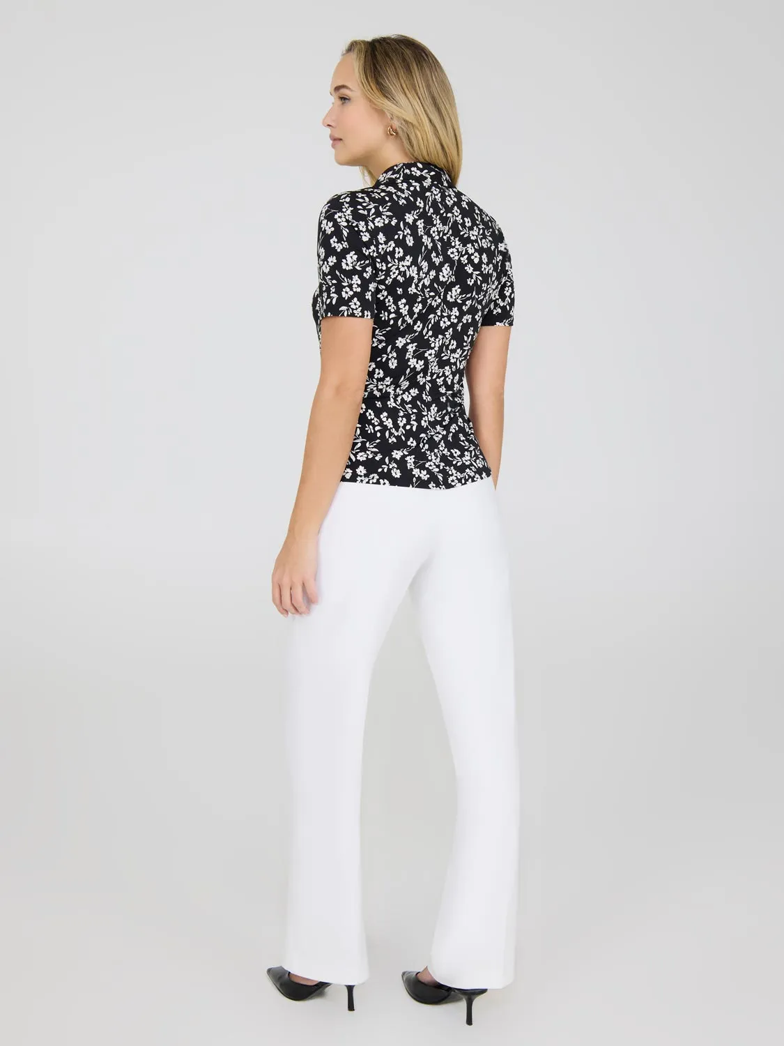 Ditsy Print Ruched Button-Front Blouse Work Ready