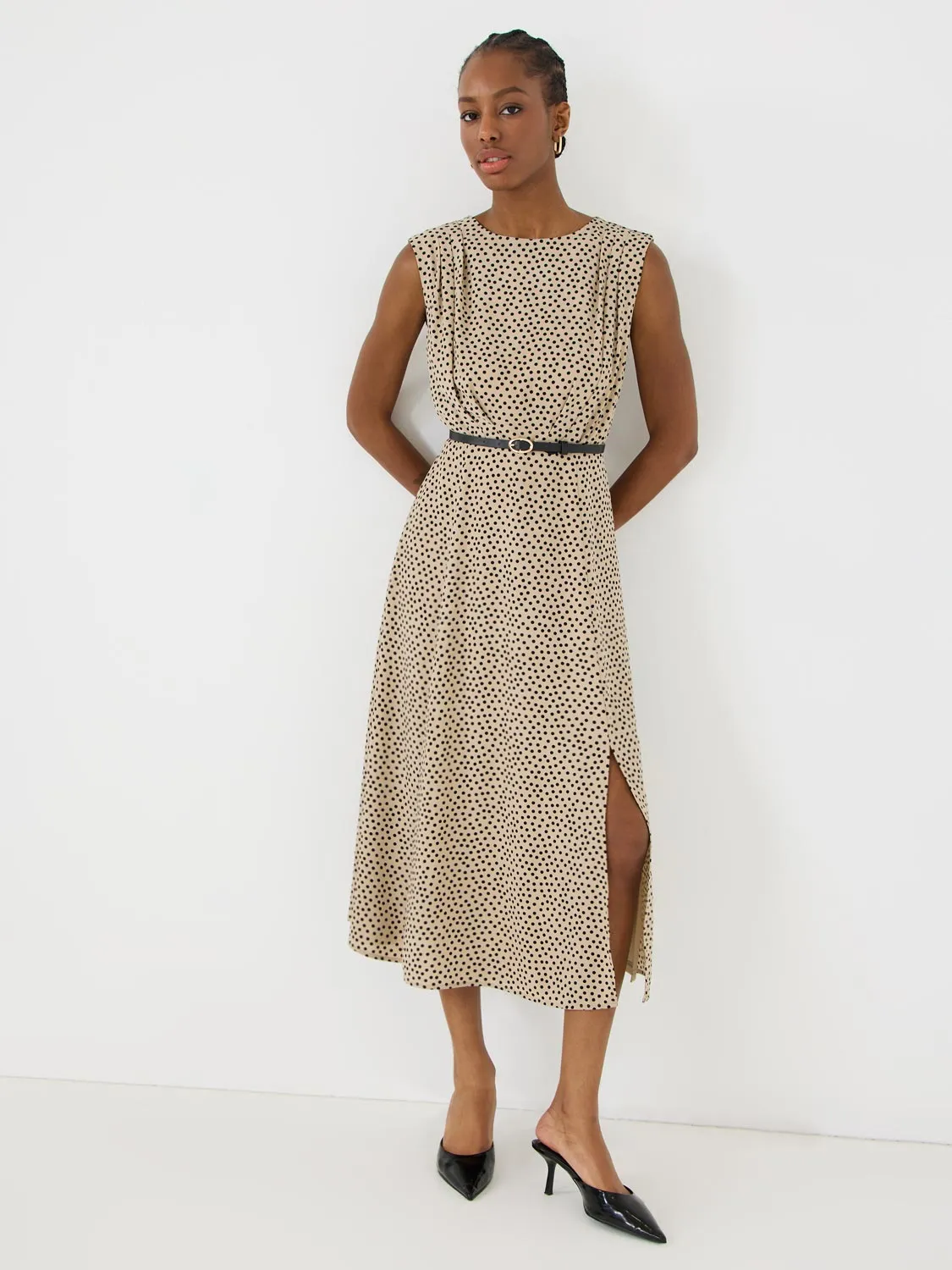 Dot Print A-Line Belted Dress gentle elegance