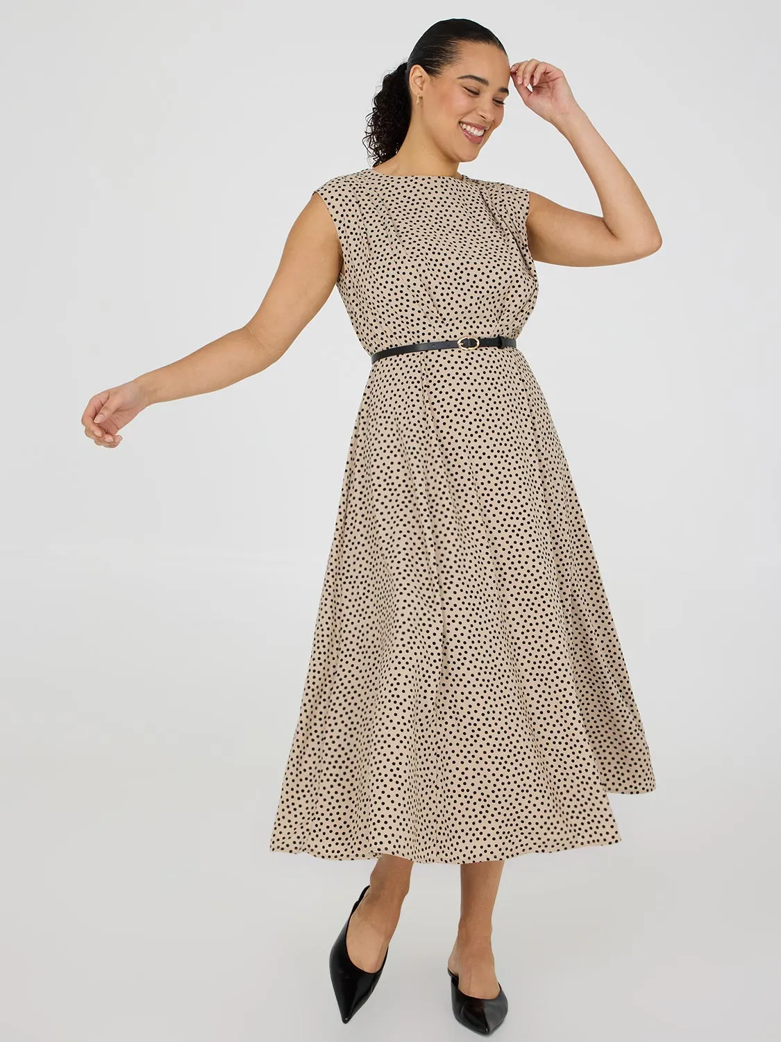 Dot Print A-Line Belted Dress fresh nature
