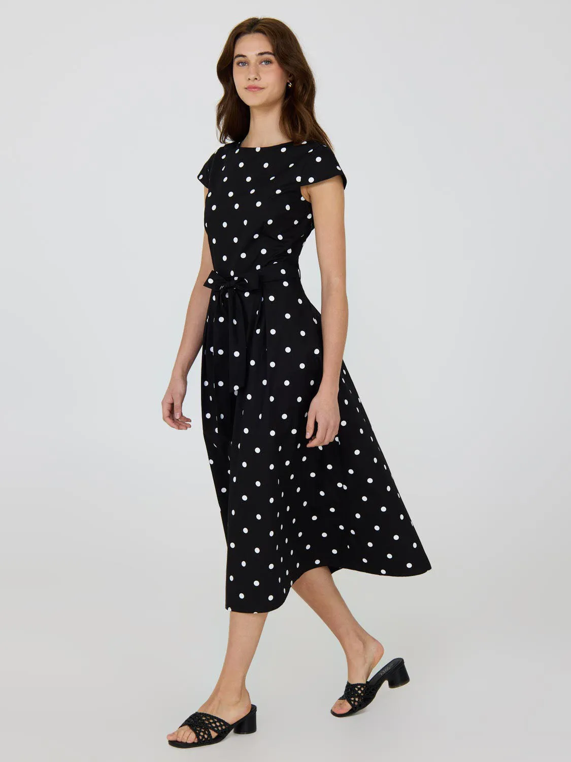 Dot Print Fit & Flare Cotton Midi Dress multi-scene fit