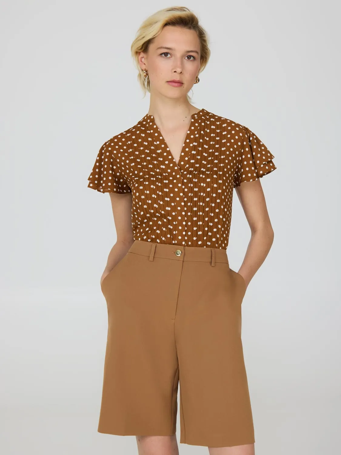 Dot Print Flutter Sleeve Chiffon Blouse Active Life