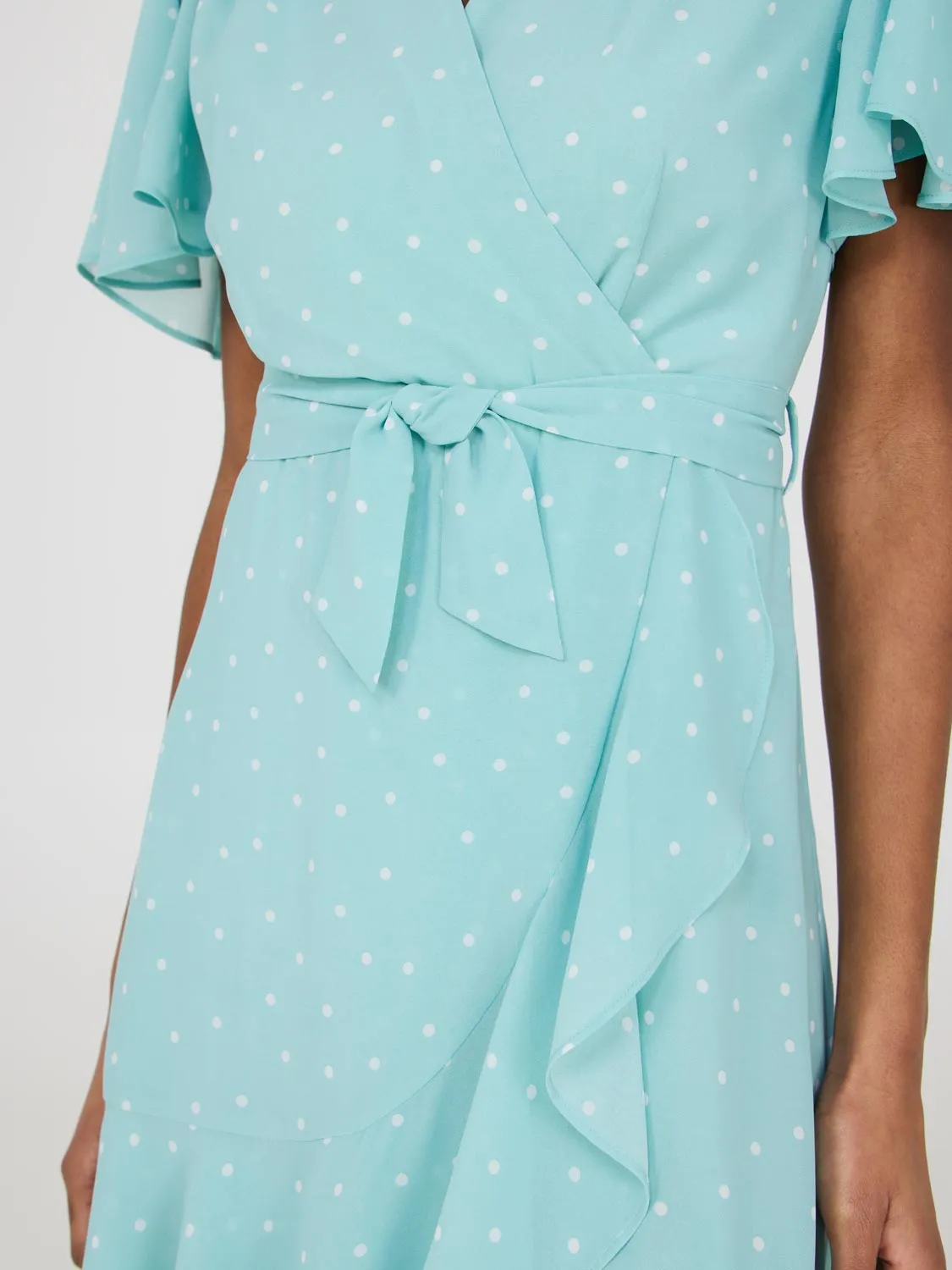 Dot Print Flutter Sleeve Wrap Dress layered look