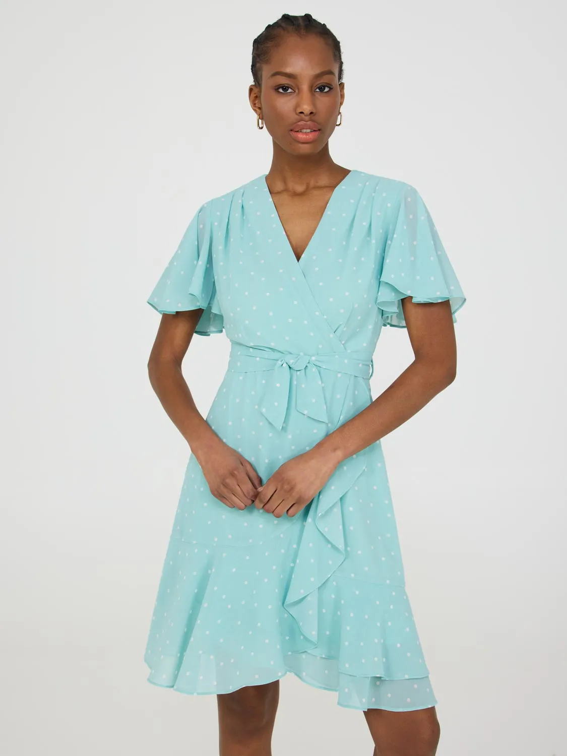 Dot Print Flutter Sleeve Wrap Dress ball gown