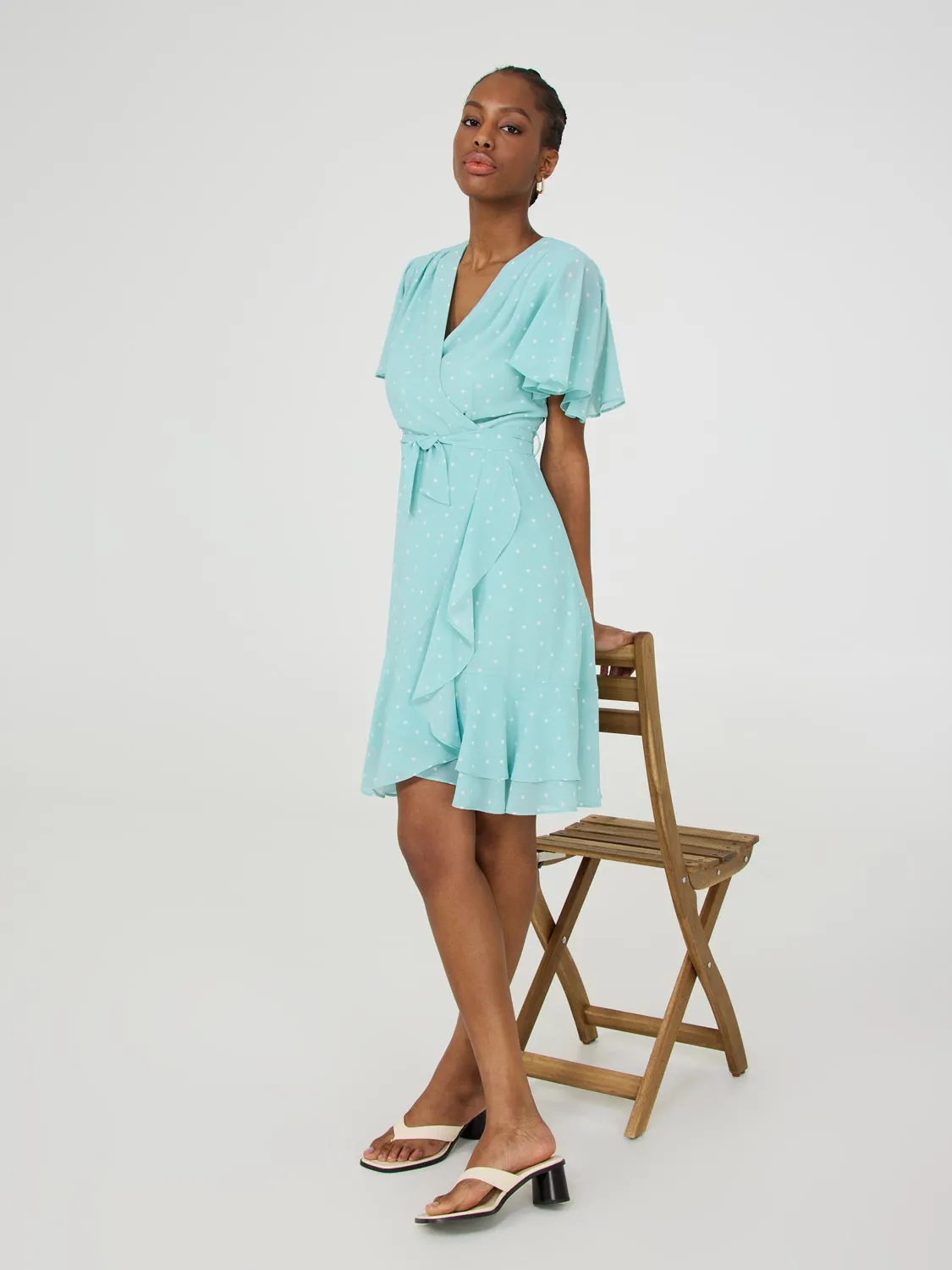Dot Print Flutter Sleeve Wrap Dress garden party