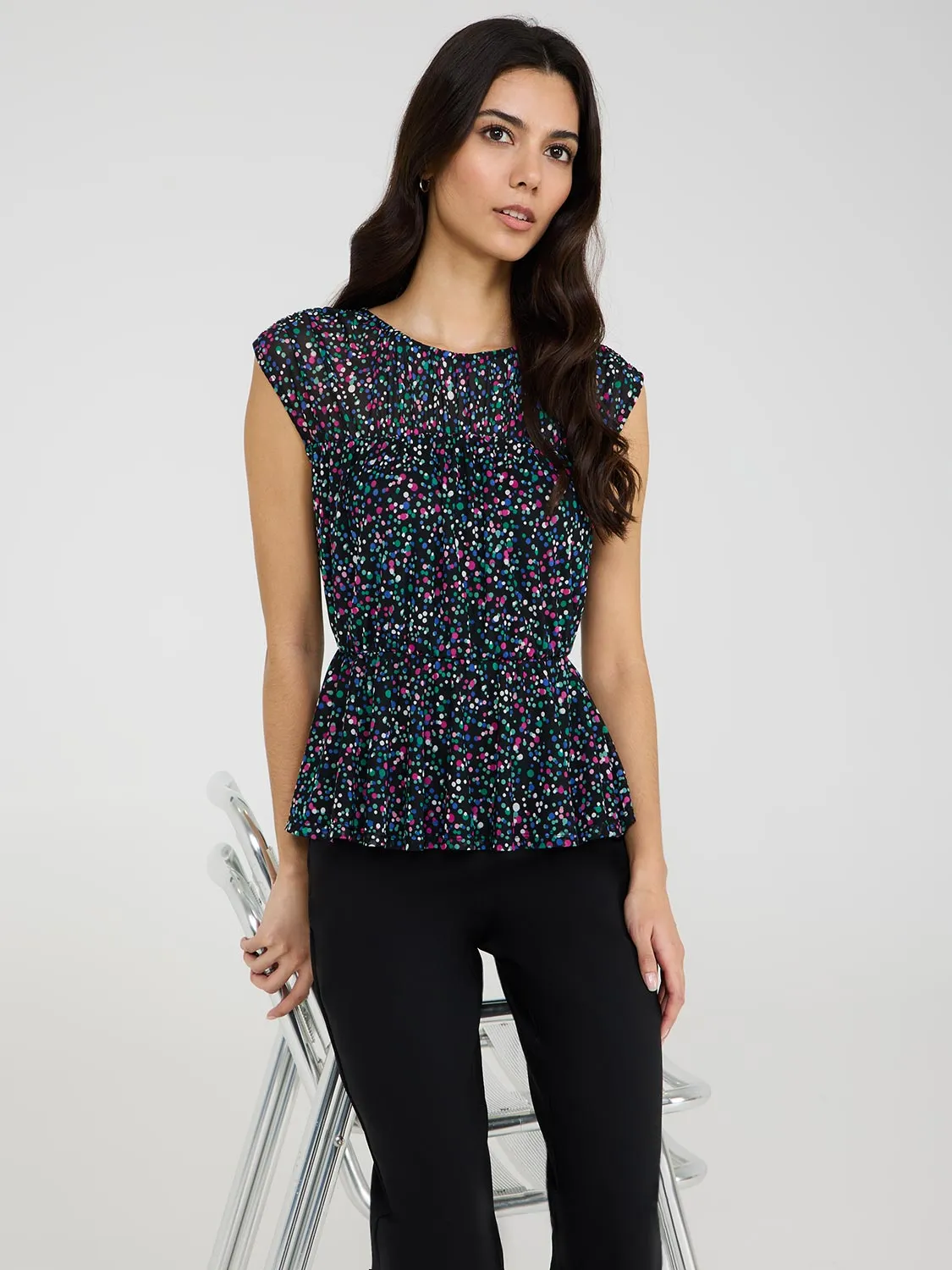 Dot Print Mesh Top With Illusion Neckline all match