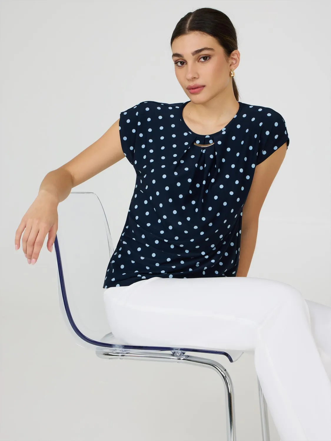 Dot Print Pleated Top With Bar Detail Confidence Boost