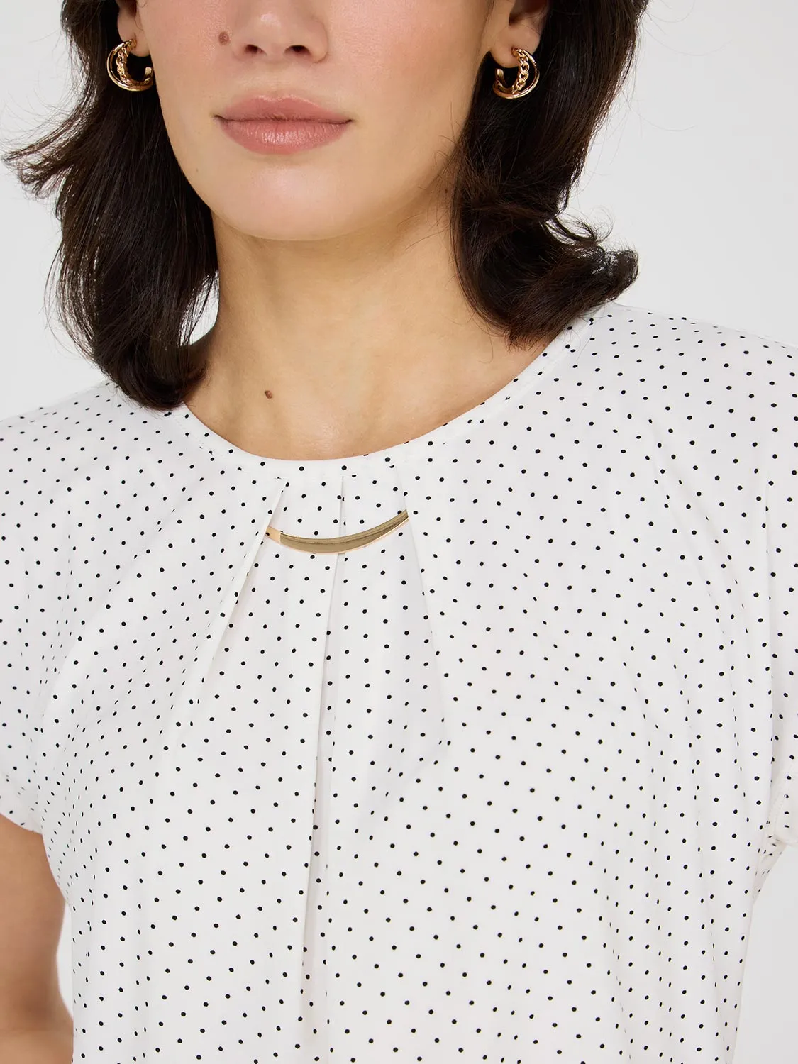 Dot Print Pleated Top With Bar Detail Relaxed Style