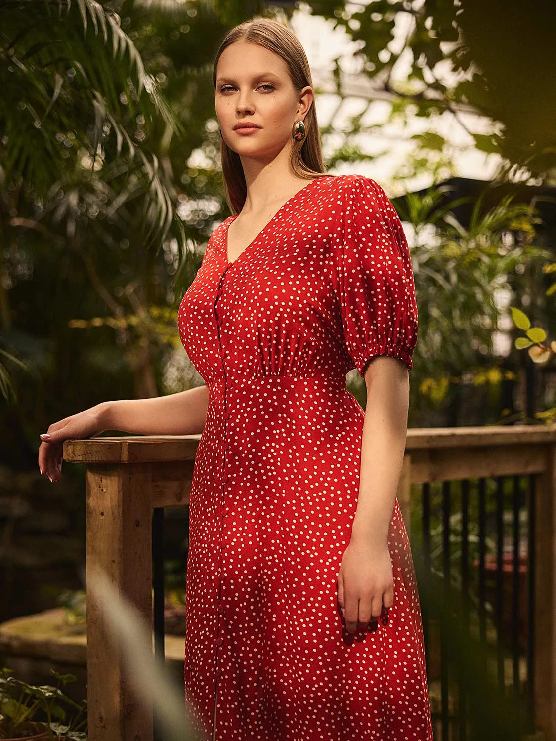 Dot Print Puff Sleeve Midi Dress travel buddy
